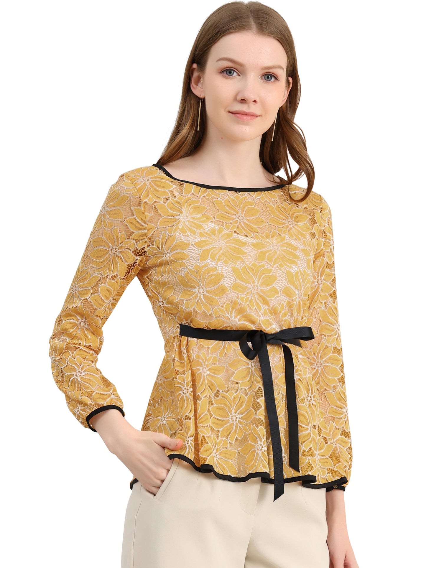 Women's Elegant Tie Waist Long Sleeve Top Lace Peplum Blouse (Available in Plus Size)