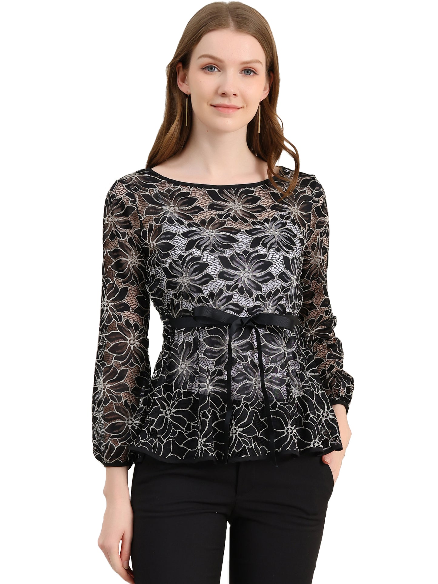Women's Elegant Tie Waist Long Sleeve Top Lace Peplum Blouse (Available in Plus Size)