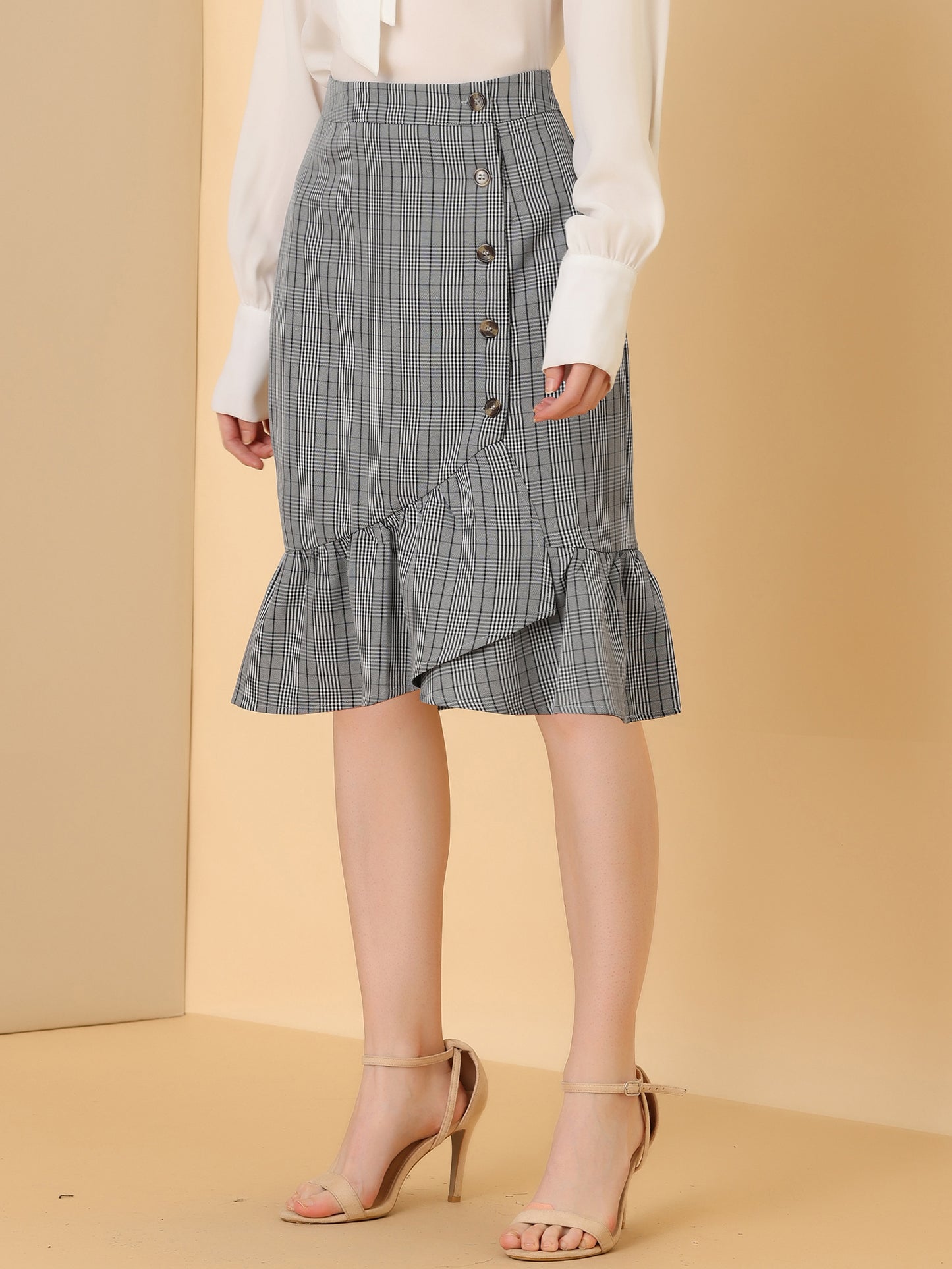 Women's Plaid Asymmetric Fishtail Button Work Office Ruffle Pencil Skirt