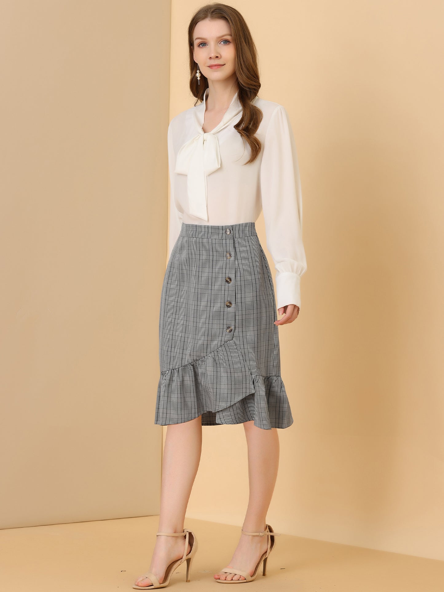 Women's Plaid Asymmetric Fishtail Button Work Office Ruffle Pencil Skirt