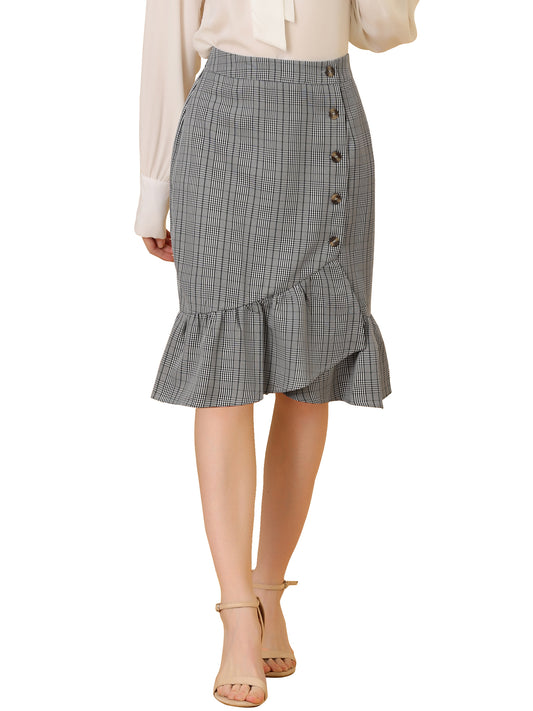 Women's Plaid Asymmetric Fishtail Button Work Office Ruffle Pencil Skirt