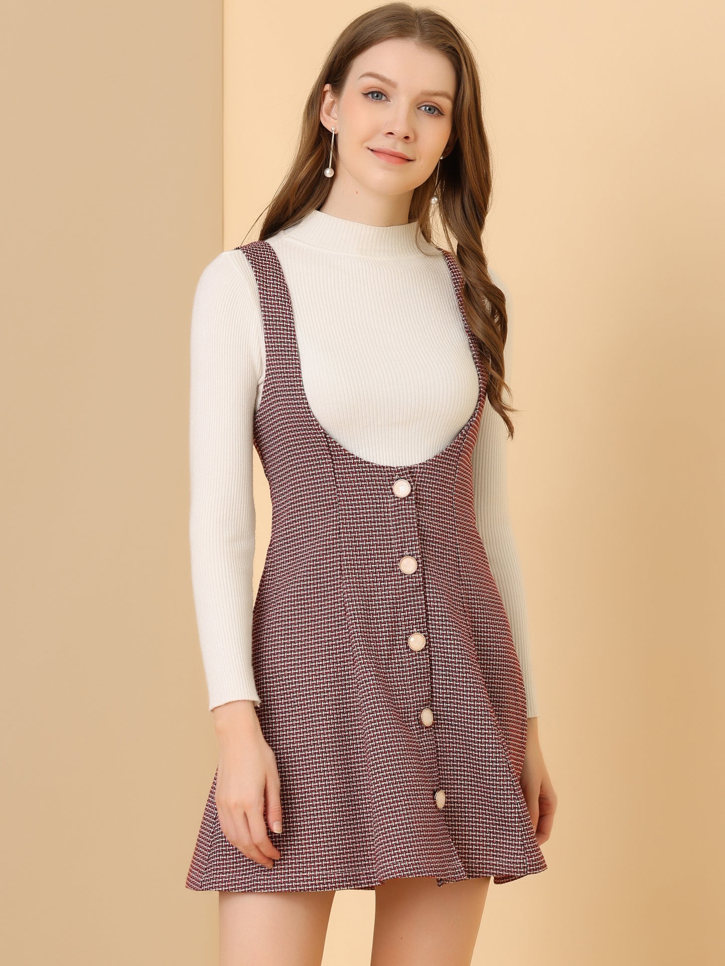 Vestido estilo pichi de tweed para mujer, con botones delanteros, corte A, cintura alta