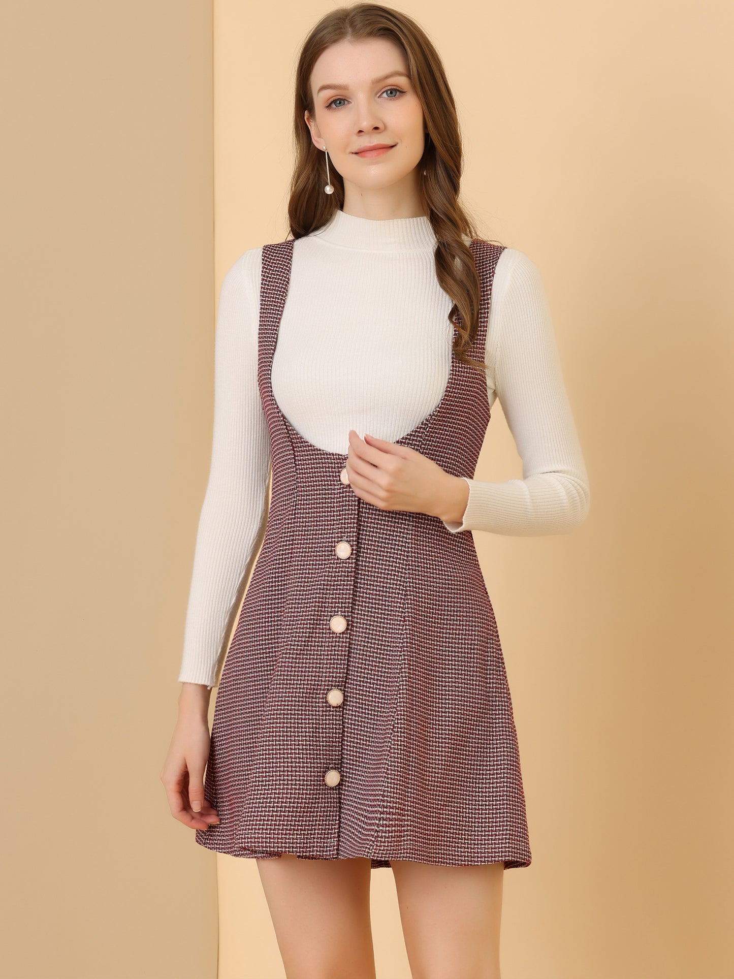 Vestido estilo pichi de tweed para mujer, con botones delanteros, corte A, cintura alta