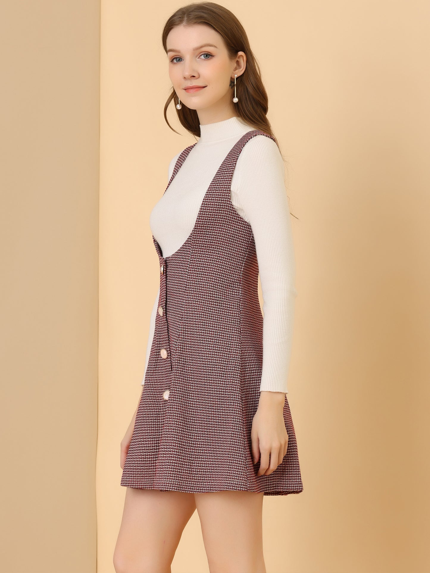 Vestido estilo pichi de tweed para mujer, con botones delanteros, corte A, cintura alta