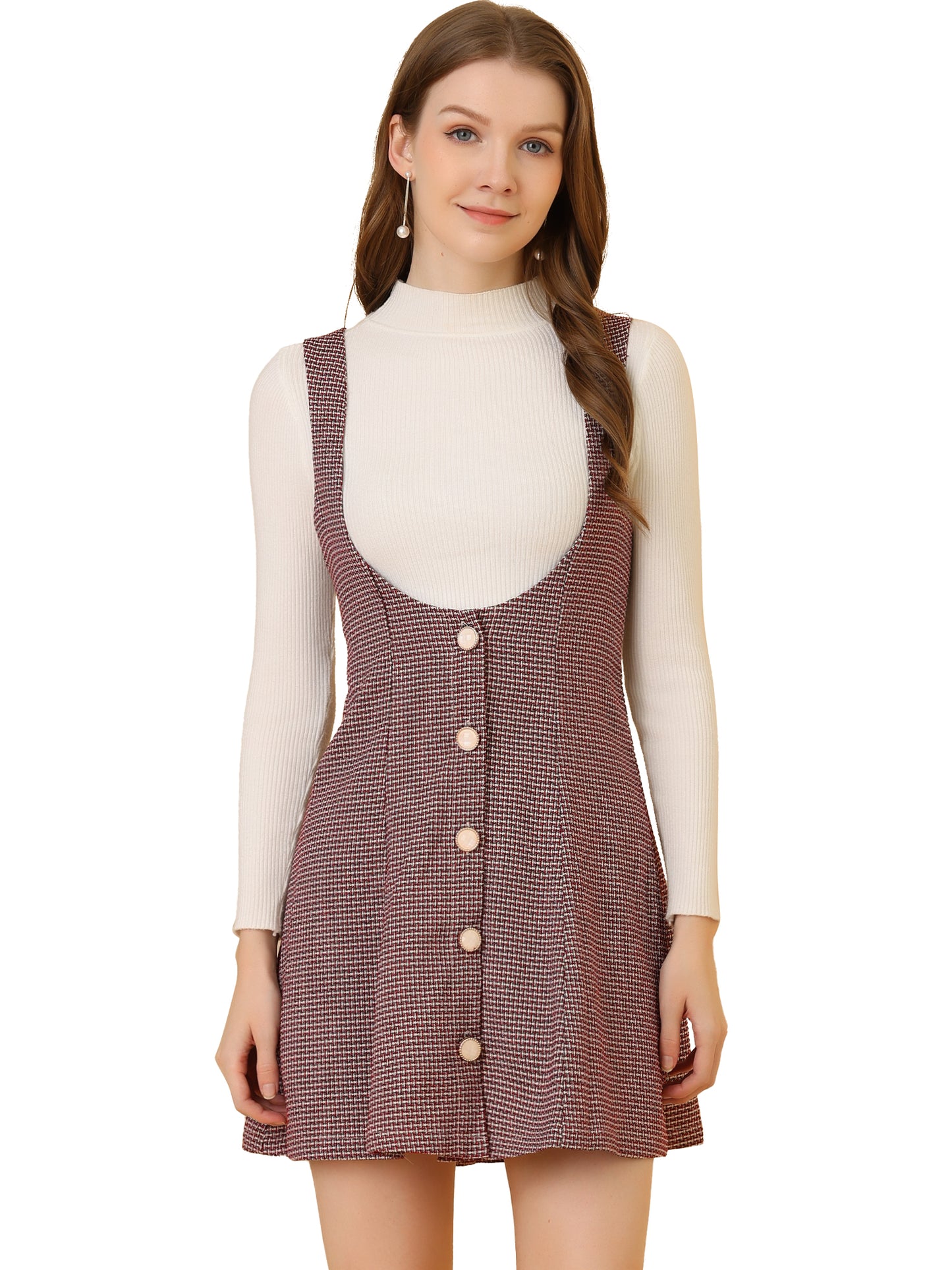 Vestido estilo pichi de tweed para mujer, con botones delanteros, corte A, cintura alta