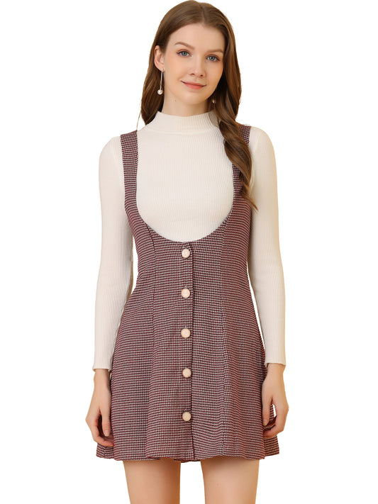 Women's Tweed Skirt Button Front A-line High Waist Pinafore Overall Dress