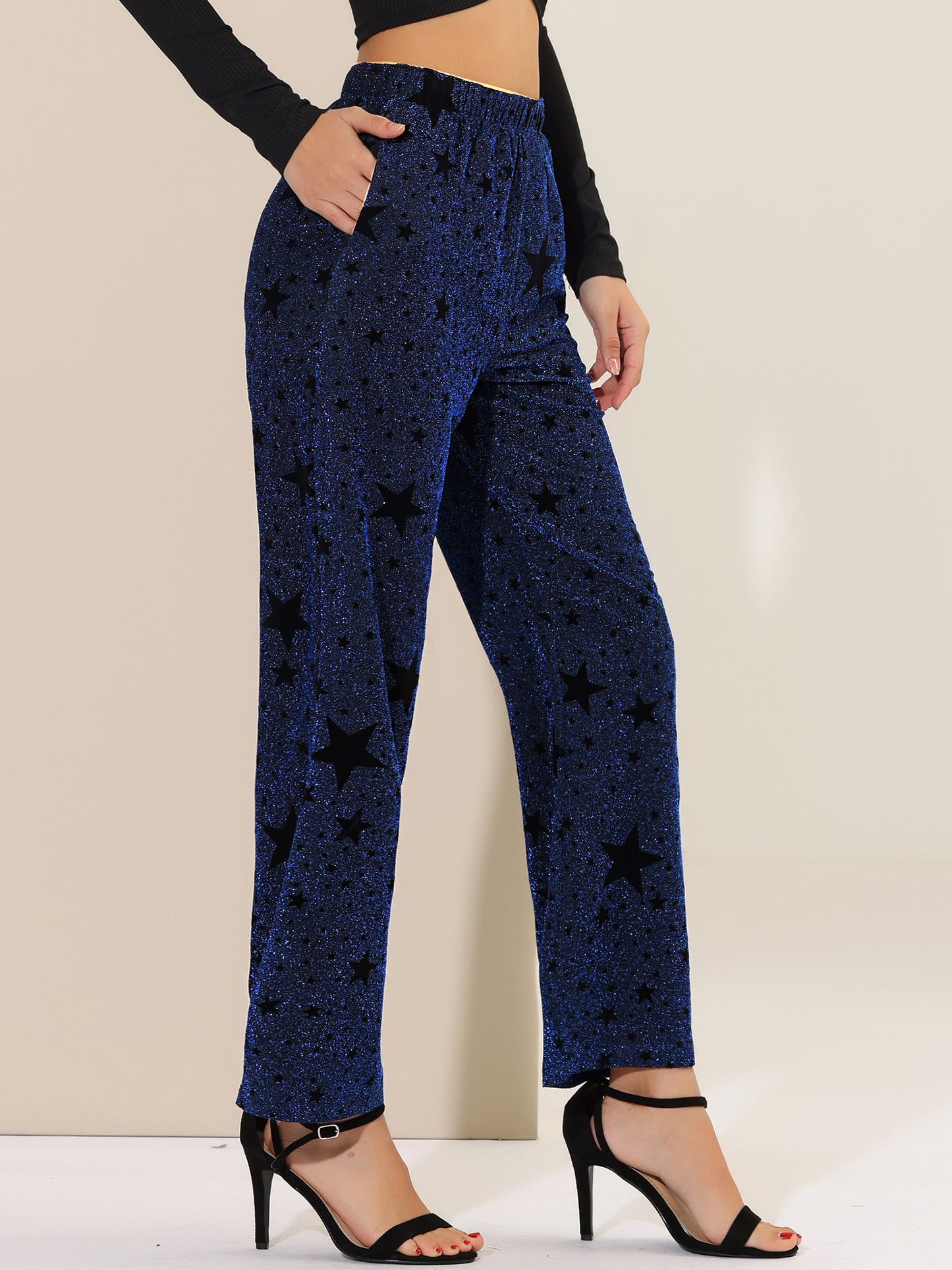 Women's Sparkle High Waist Stretch Party Wide Leg Shiny Star Print Pants