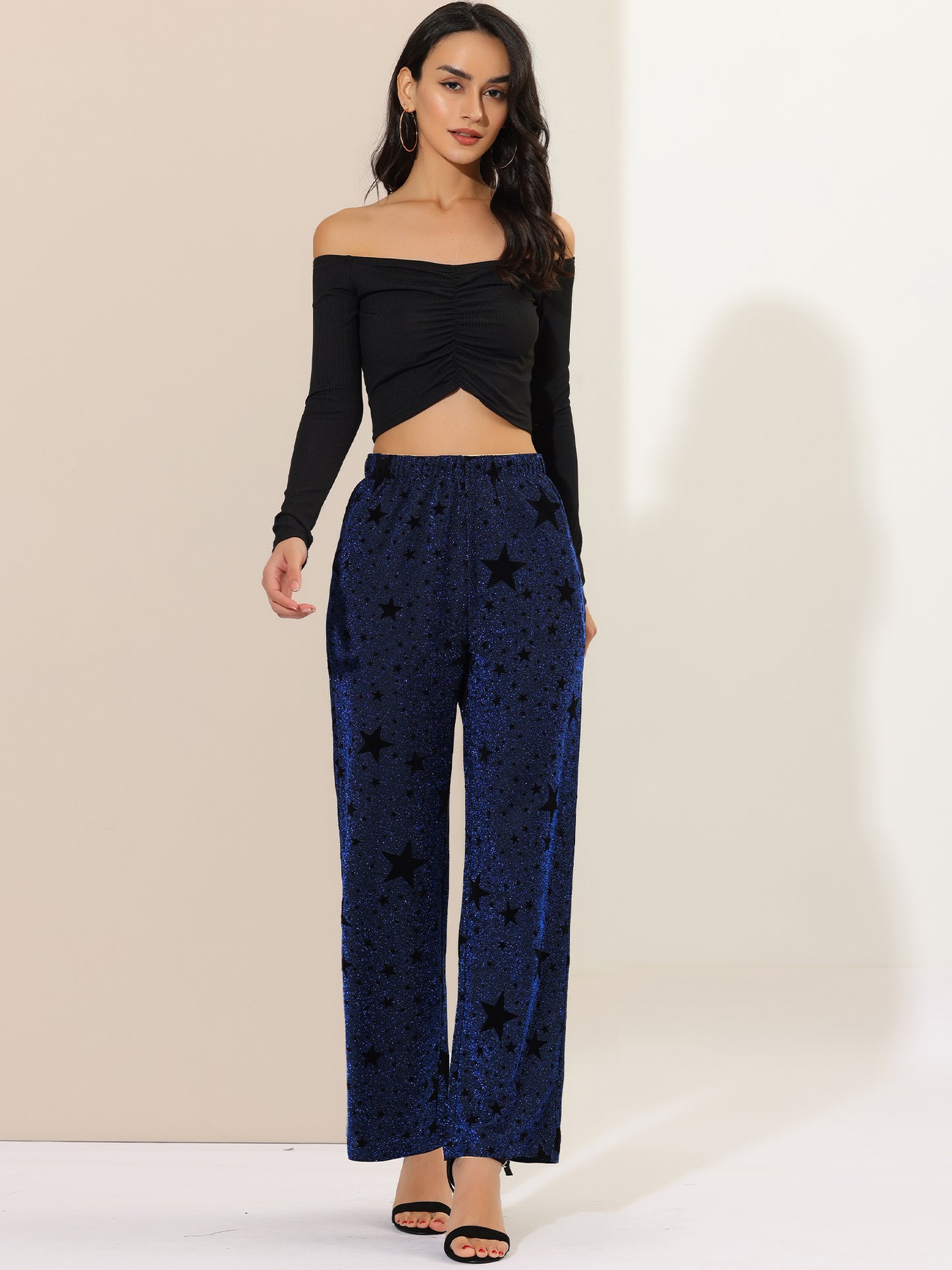 Women's Sparkle High Waist Stretch Party Wide Leg Shiny Star Print Pants