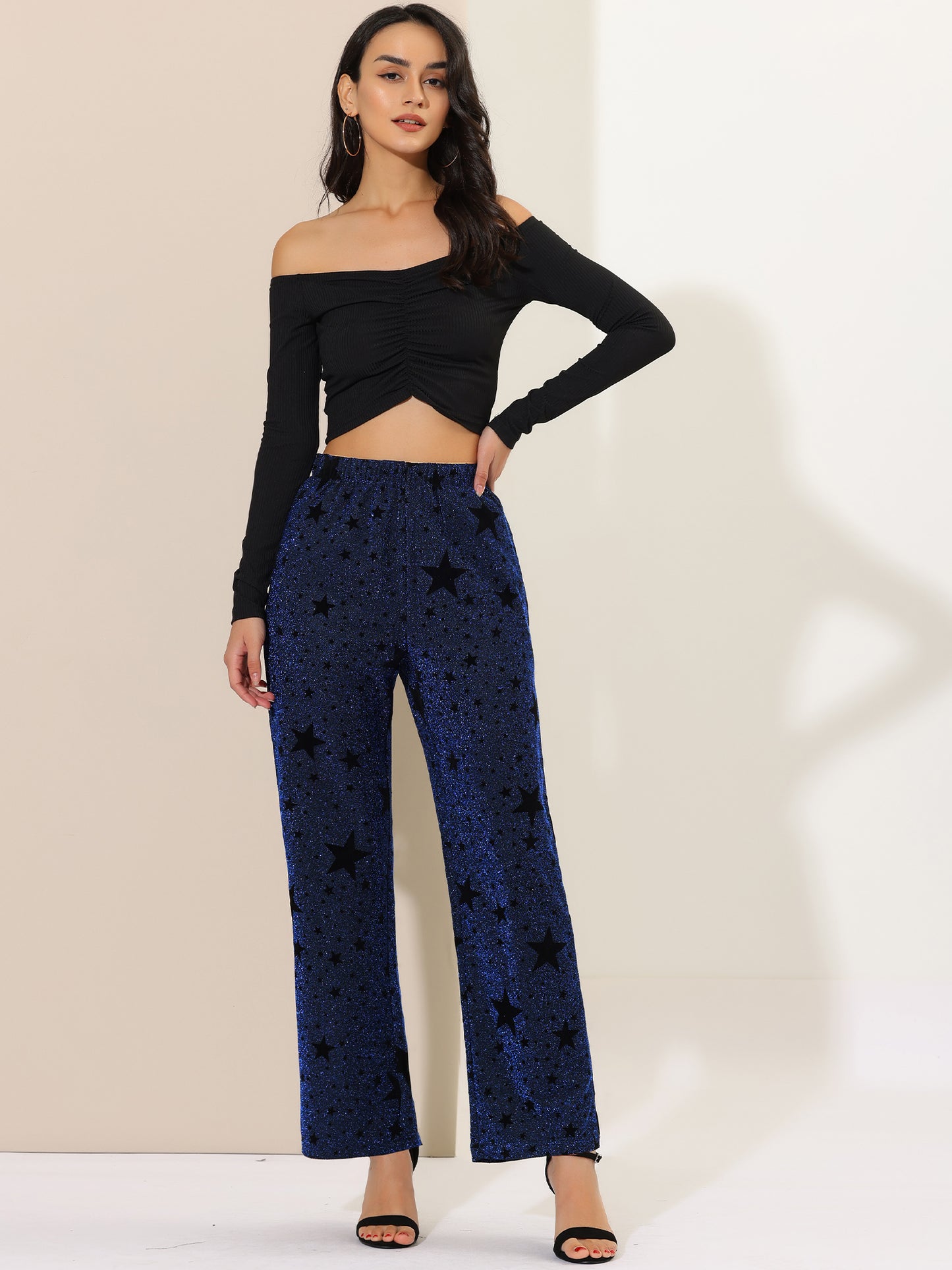 Women's Sparkle High Waist Stretch Party Wide Leg Shiny Star Print Pants