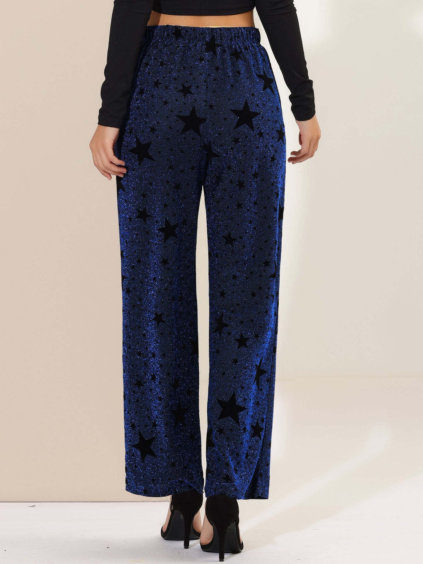Women's Sparkle High Waist Stretch Party Wide Leg Shiny Star Print Pants