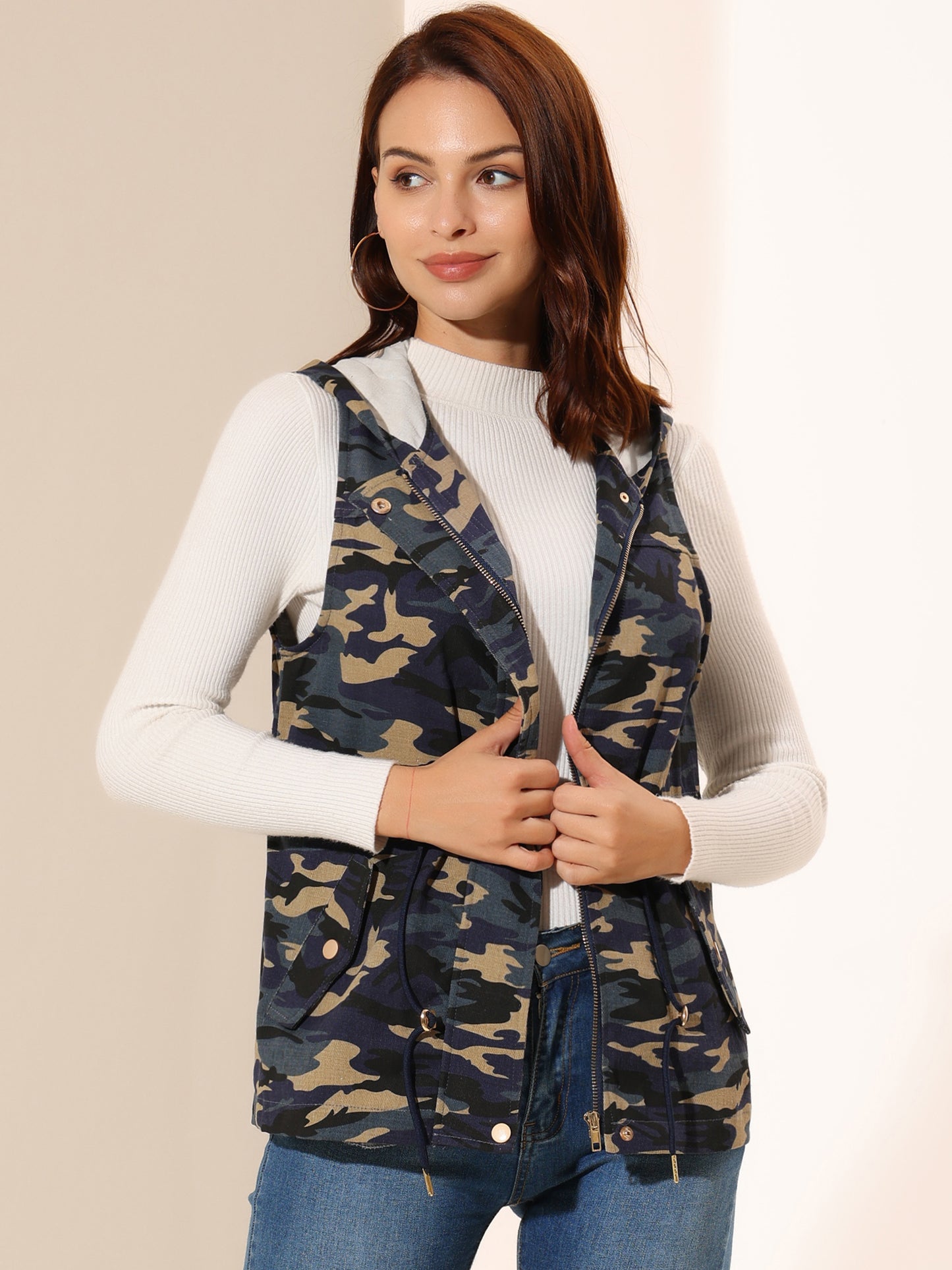 Women's Camo Vest Hooded Drawstring Waist Cargo Sleeveless Jacket