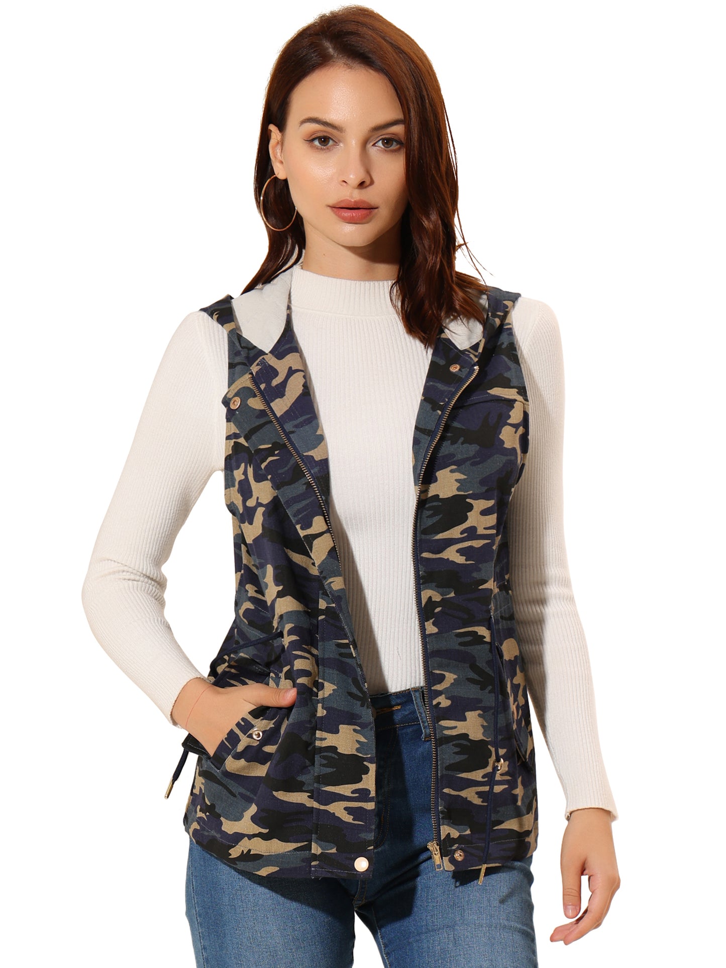 Women's Camo Vest Hooded Drawstring Waist Cargo Sleeveless Jacket