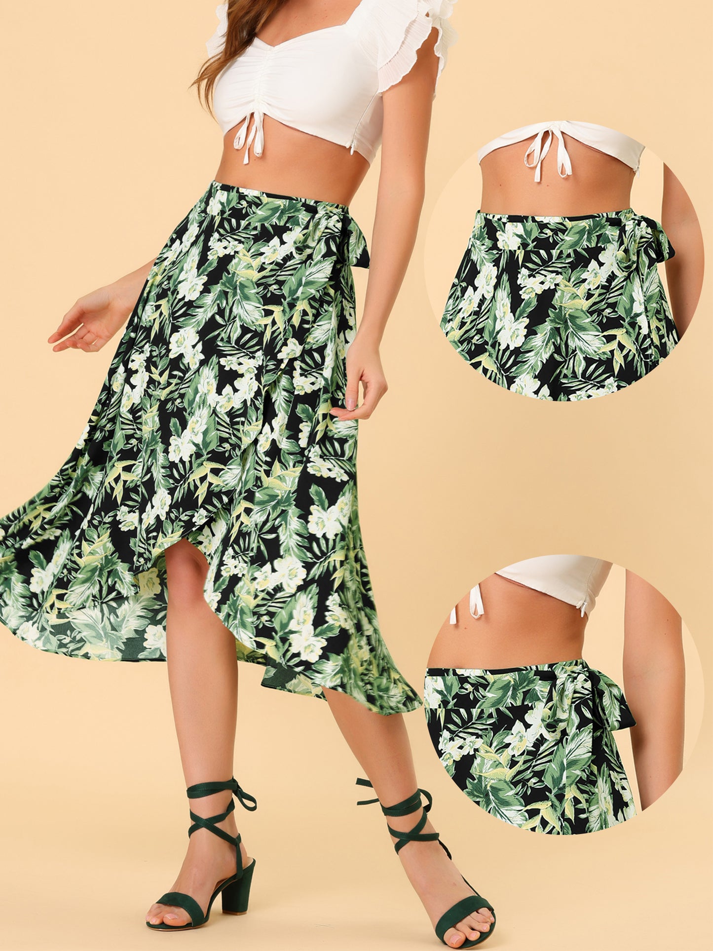 Falda midi cruzada con estampado floral bohemio de playa tropical para mujer