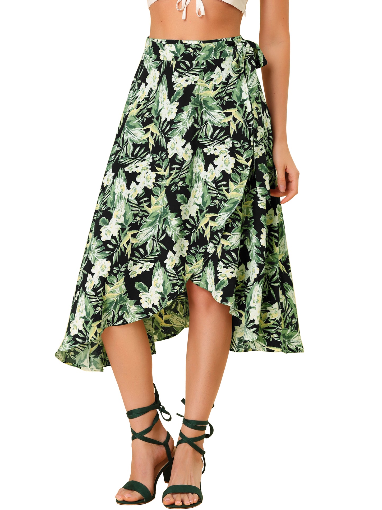 Falda midi cruzada con estampado floral bohemio de playa tropical para mujer