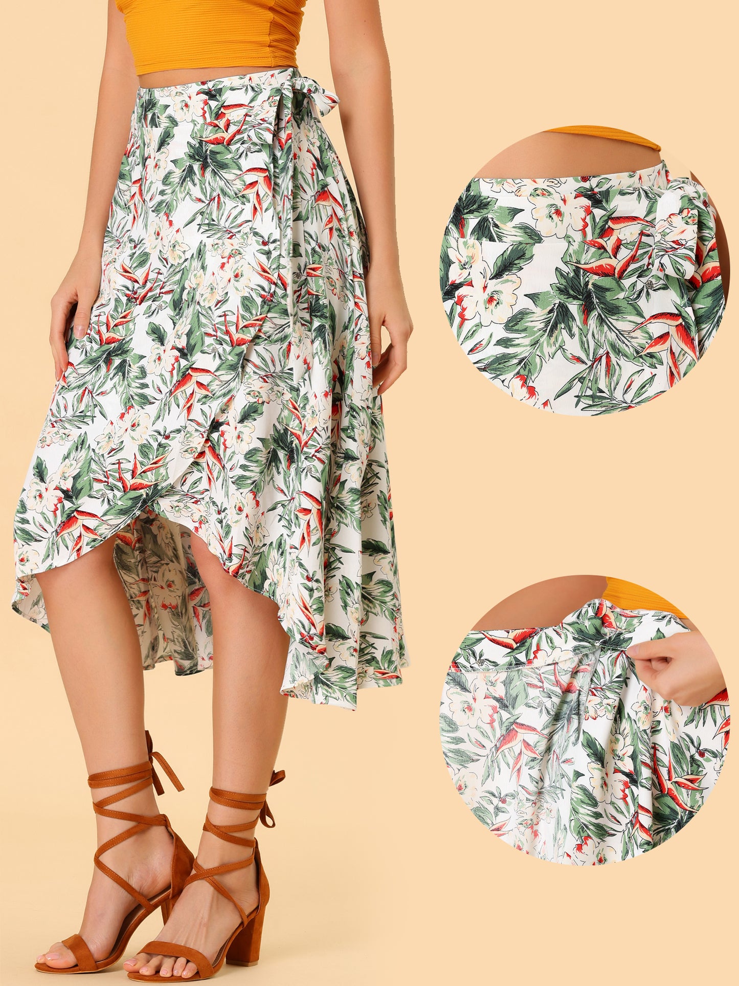 Falda midi cruzada con estampado floral bohemio de playa tropical para mujer