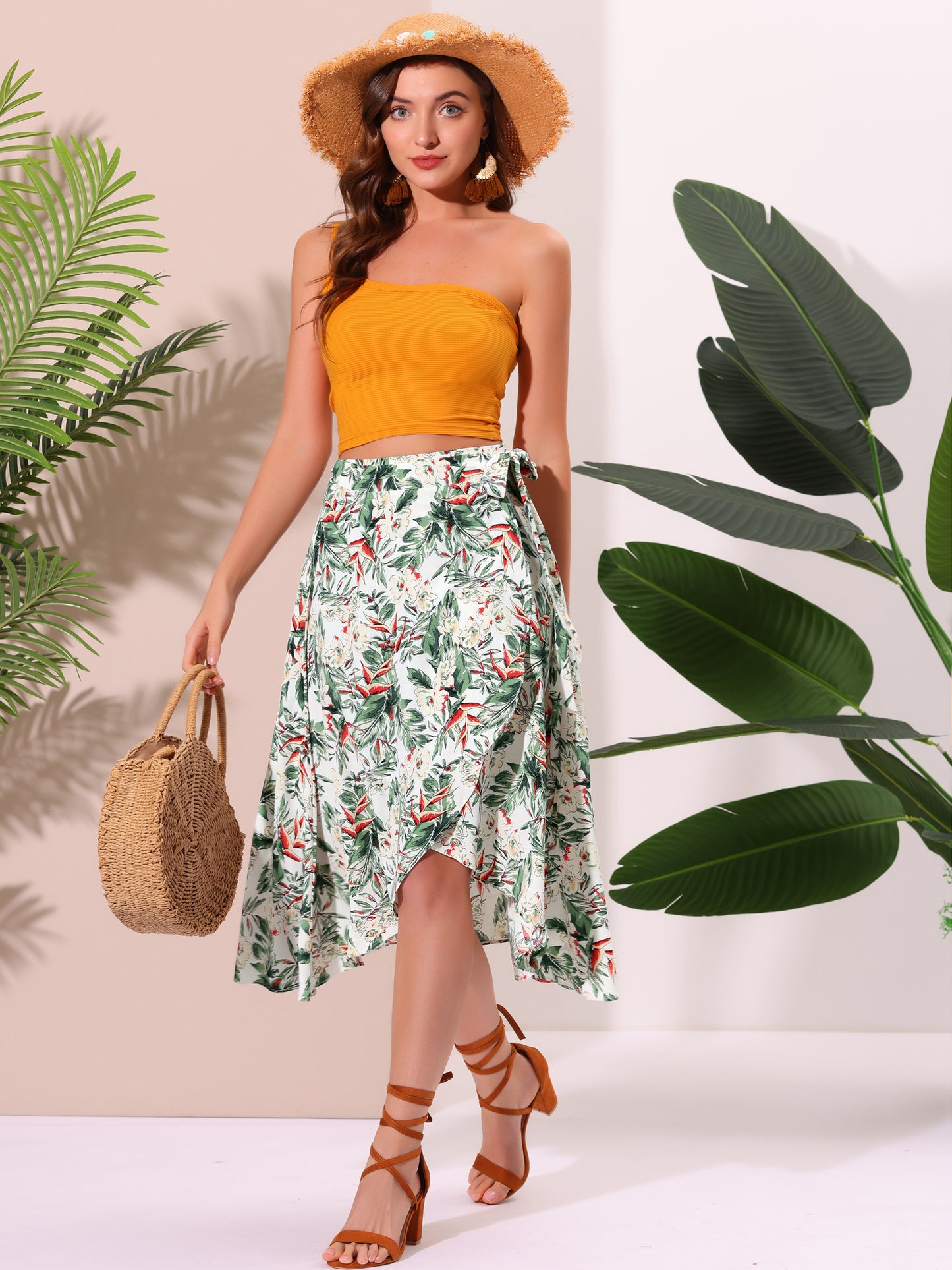 Falda midi cruzada con estampado floral bohemio de playa tropical para mujer