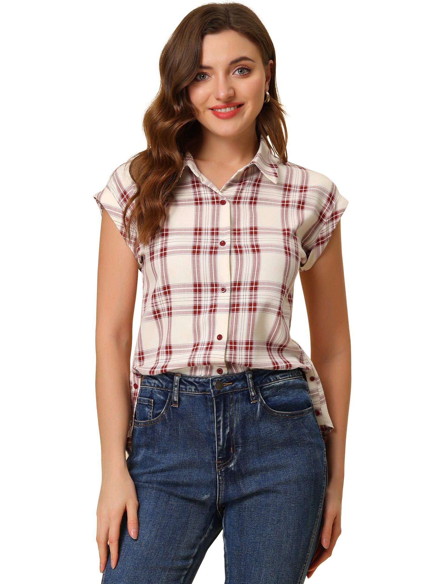 Women's Summer Plaid Cap Sleeves Button Down Shirt