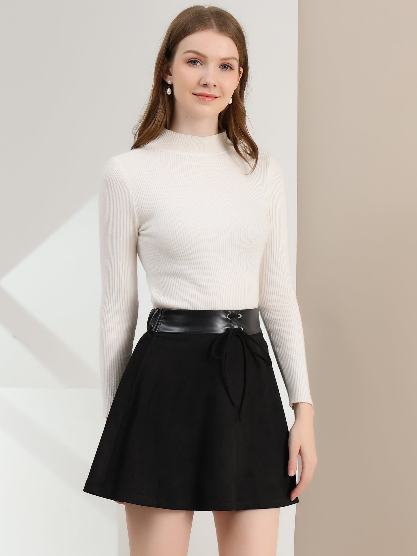Women's Mini Length Faux Suede Tie Decor Flare Fit A-Line Skirt