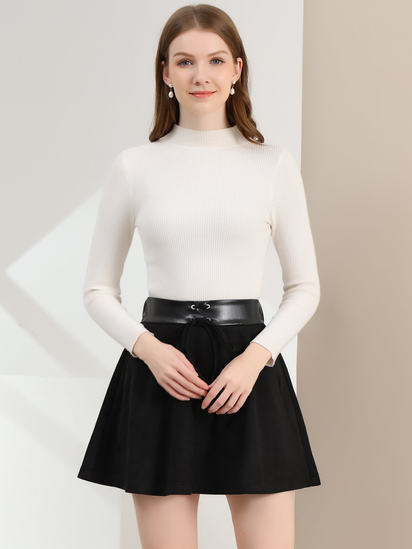 Women's Mini Length Faux Suede Tie Decor Flare Fit A-Line Skirt
