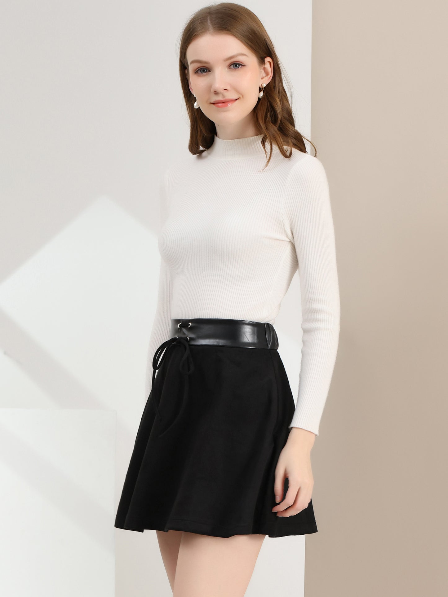 Women's Mini Length Faux Suede Tie Decor Flare Fit A-Line Skirt