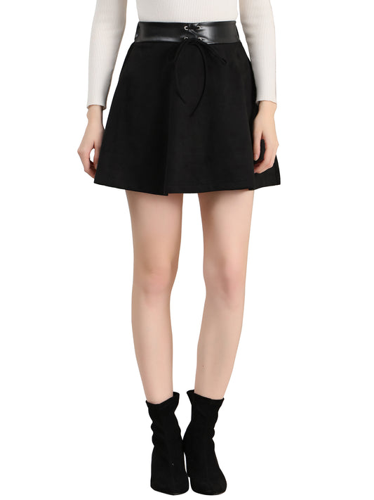 Women's Mini Length Faux Suede Tie Decor Flare Fit A-Line Skirt