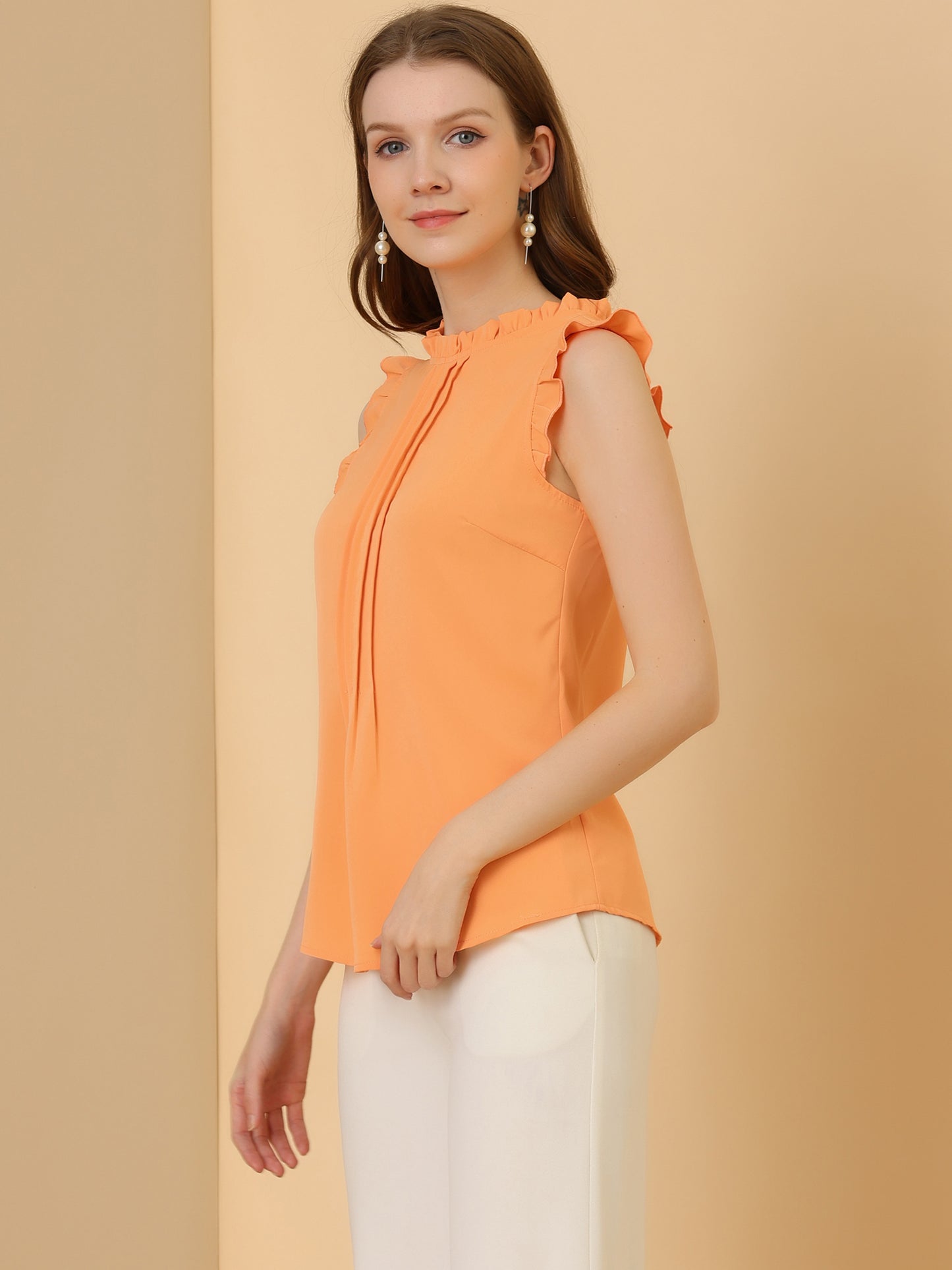 Women's Business Casual Sleeveless Ruffle Blouse Top