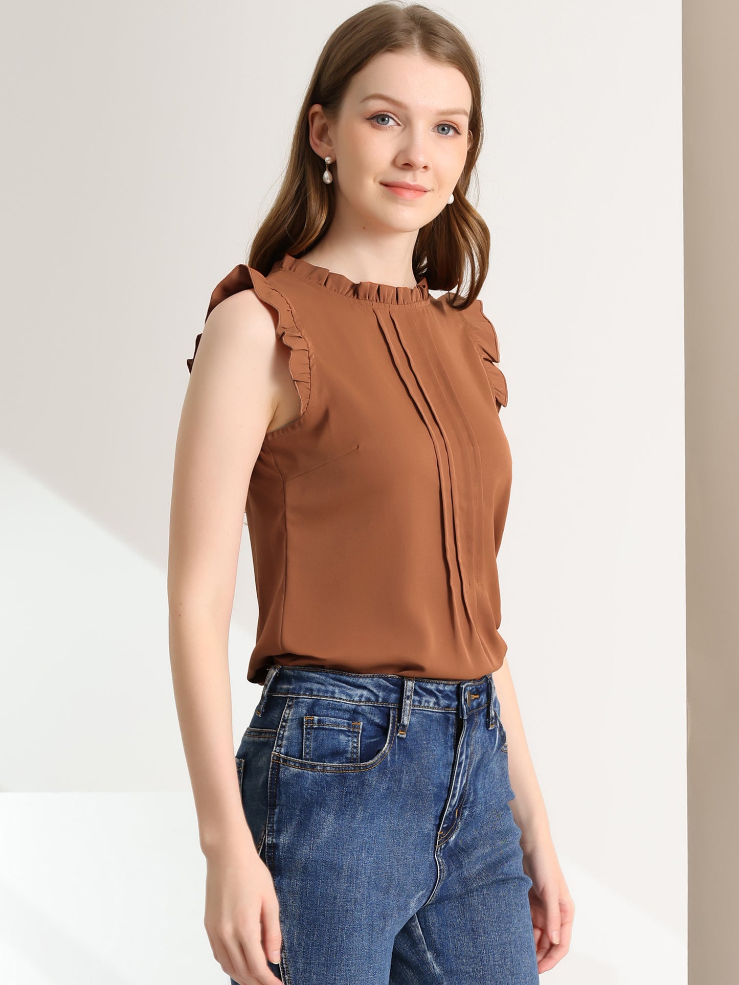 Women's Business Casual Sleeveless Ruffle Blouse Top