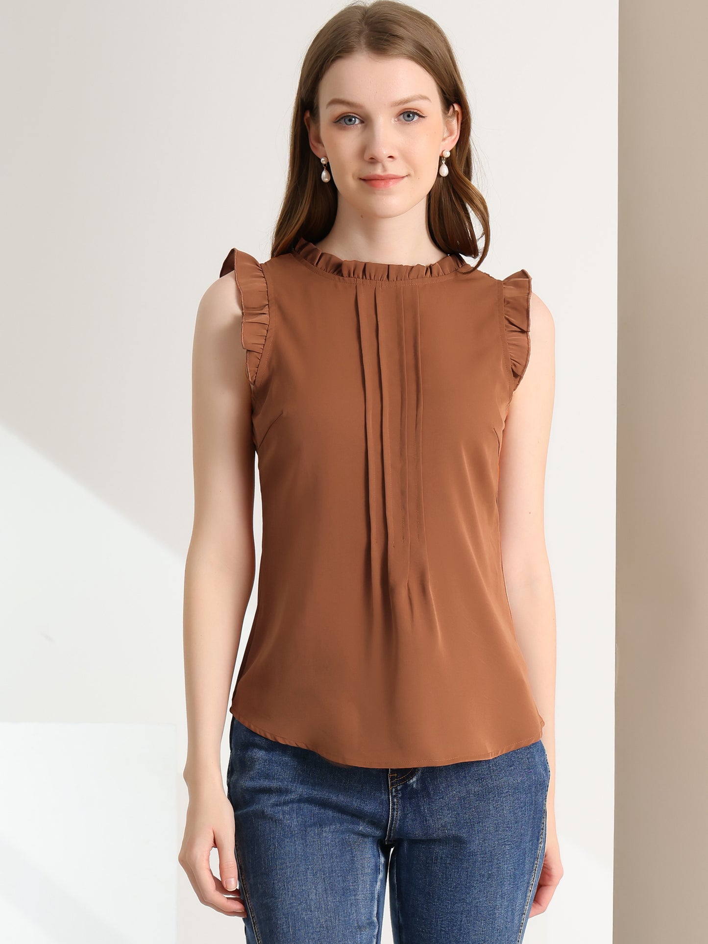 Women's Business Casual Sleeveless Ruffle Blouse Top