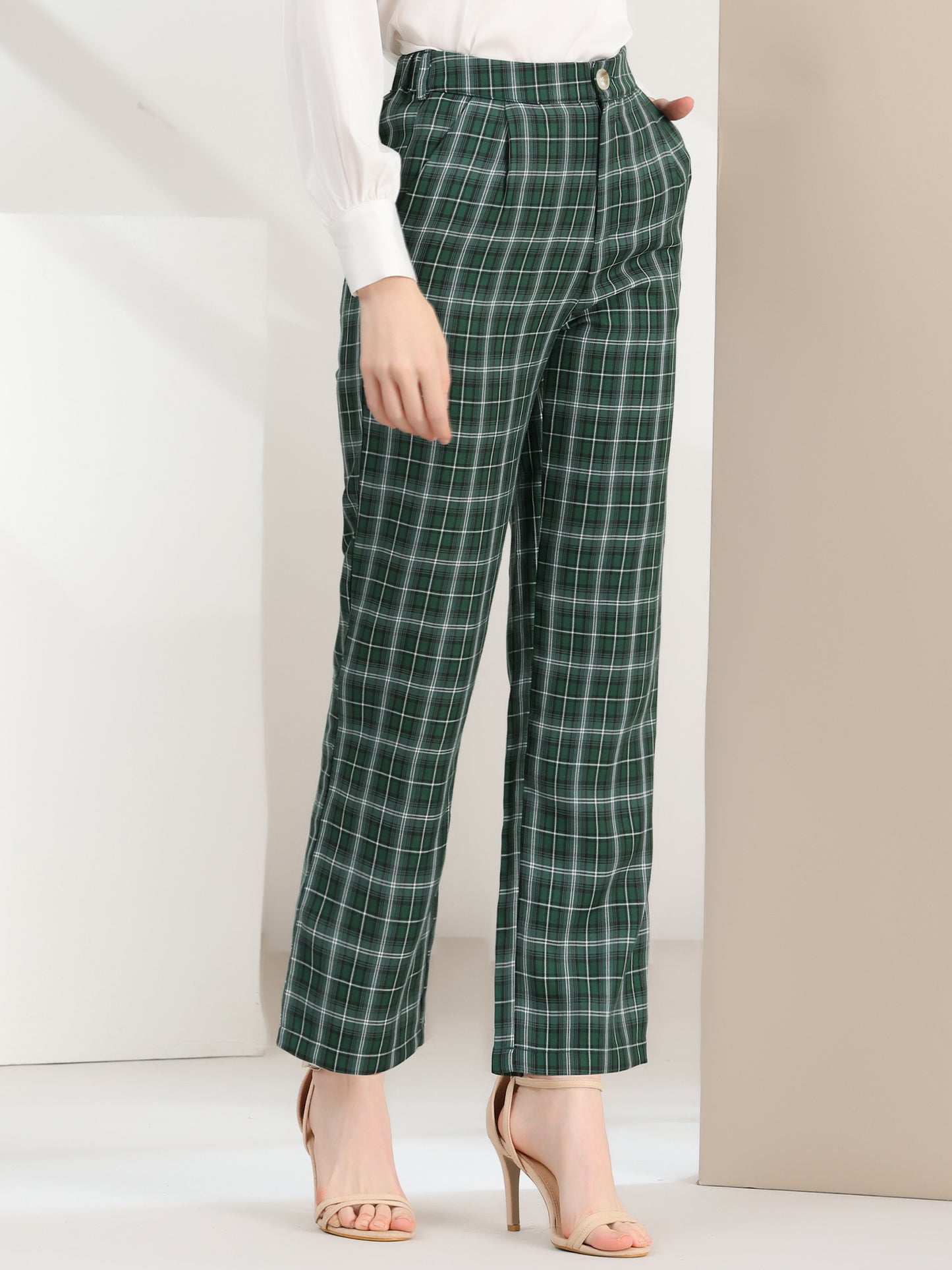 Women's Plaid Pants Elastic Waist Casual Work Office Long Trousers