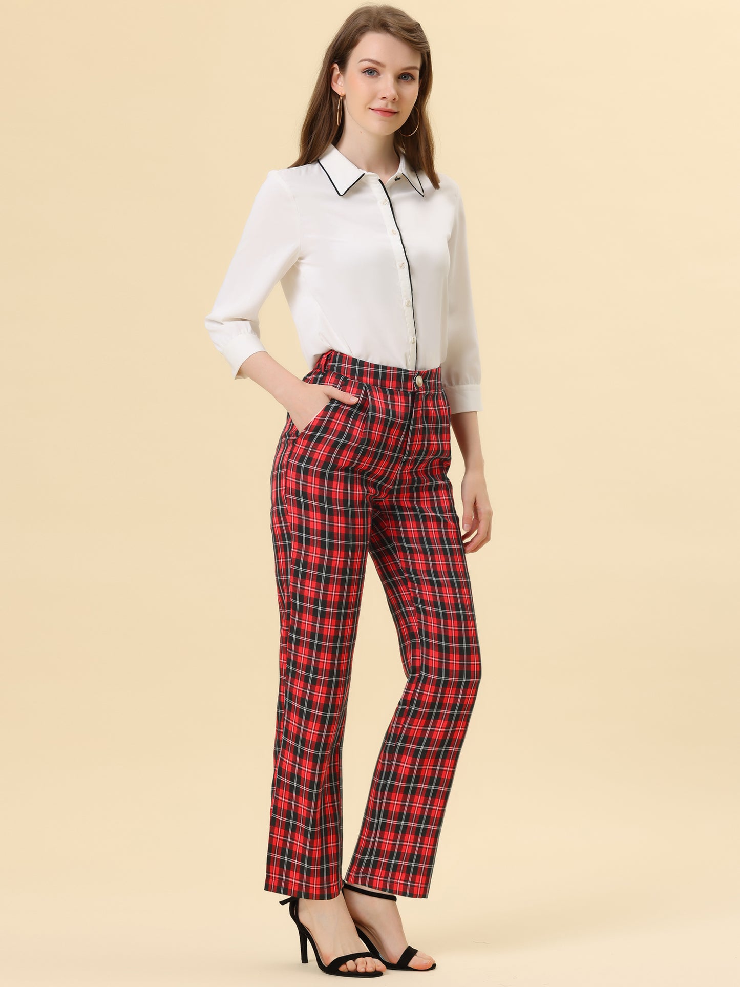 Women's Plaid Pants Elastic Waist Casual Work Office Long Trousers