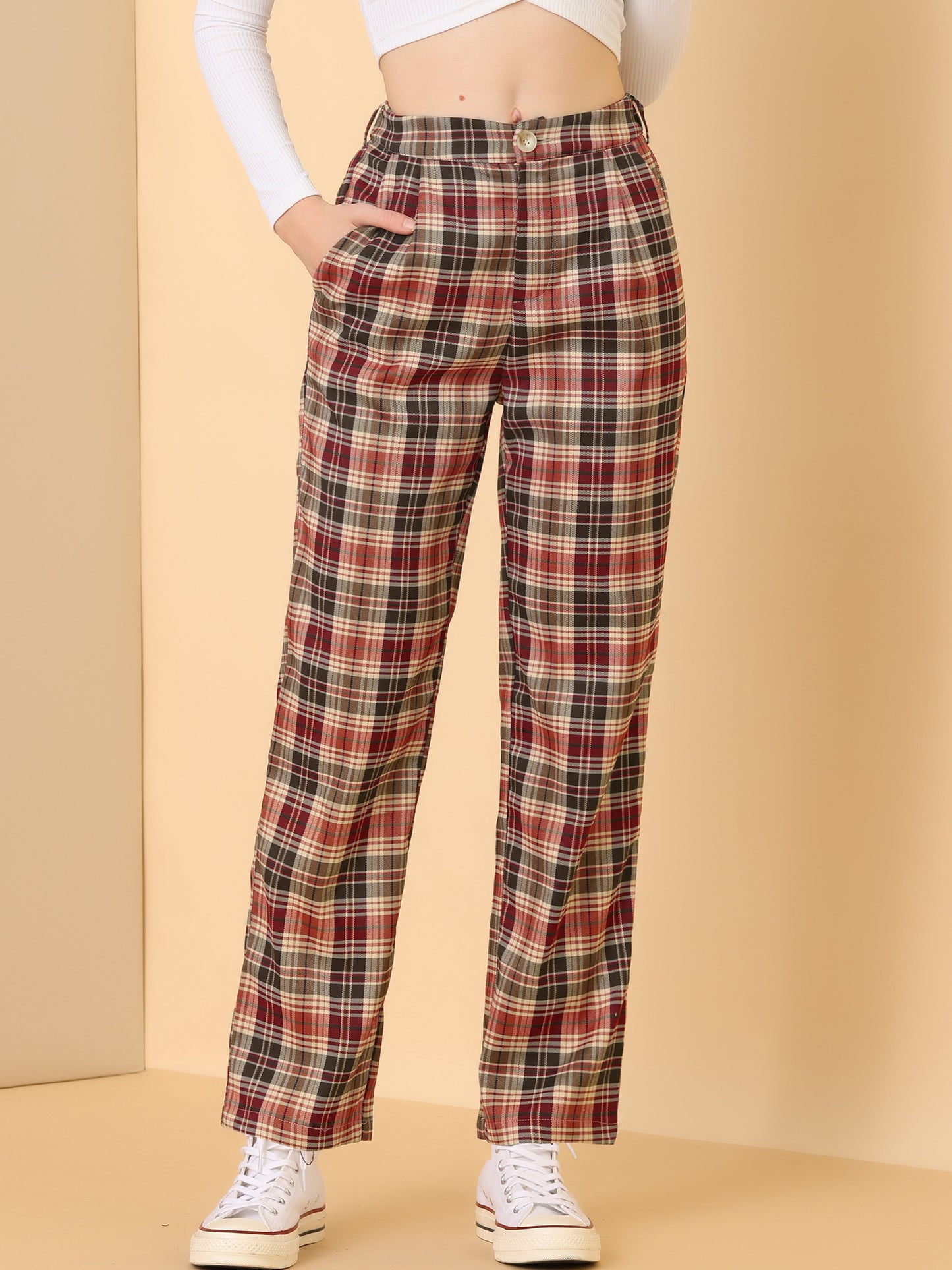 Women's Plaid Pants Elastic Waist Casual Work Office Long Trousers