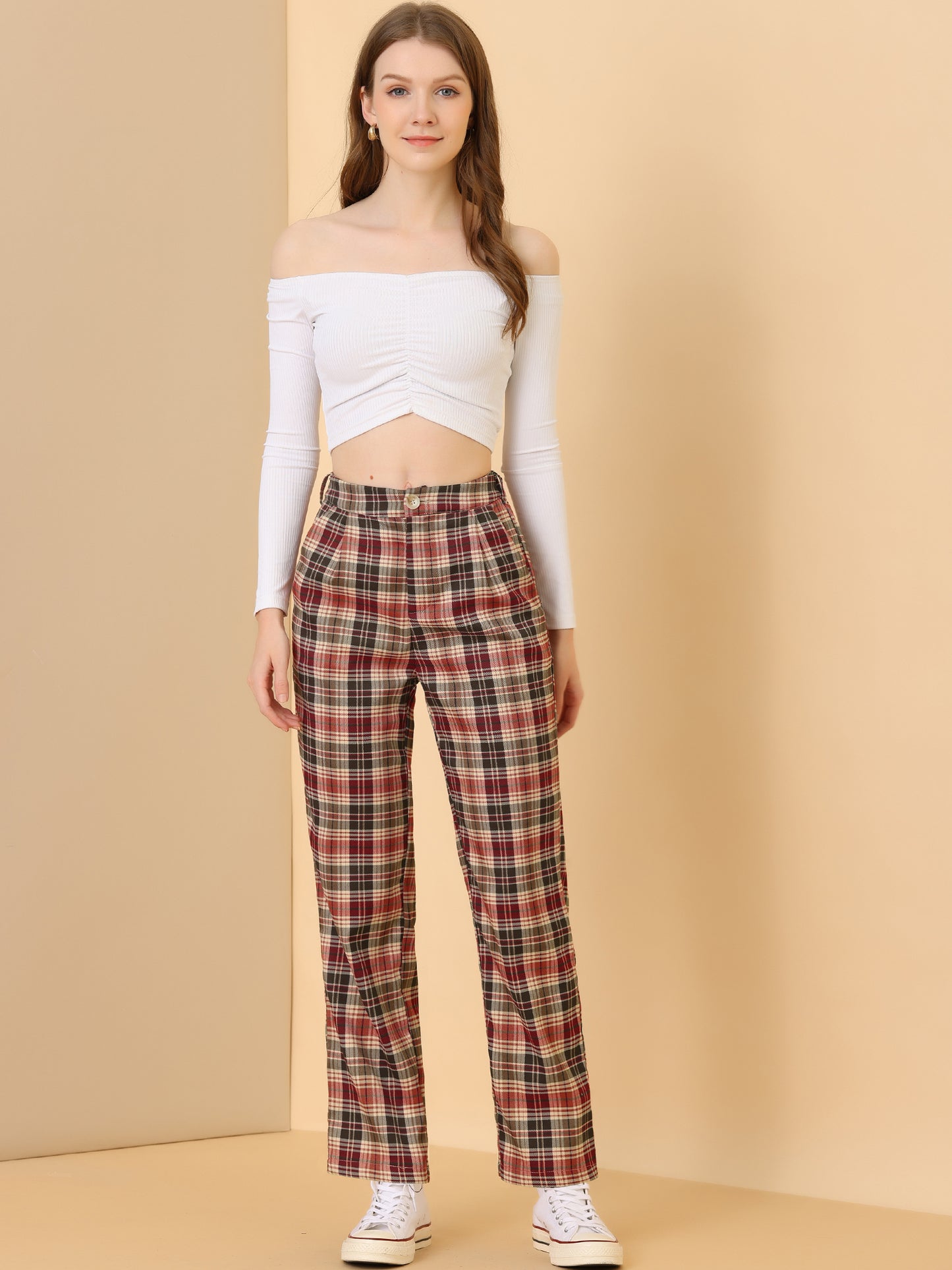 Women's Plaid Pants Elastic Waist Casual Work Office Long Trousers