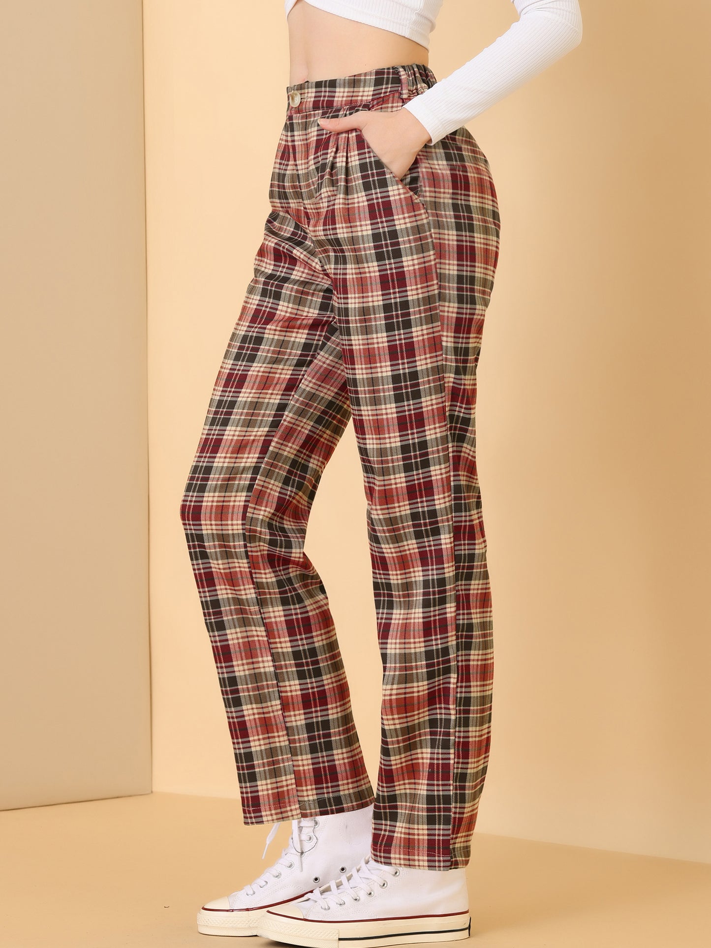 Women's Plaid Pants Elastic Waist Casual Work Office Long Trousers