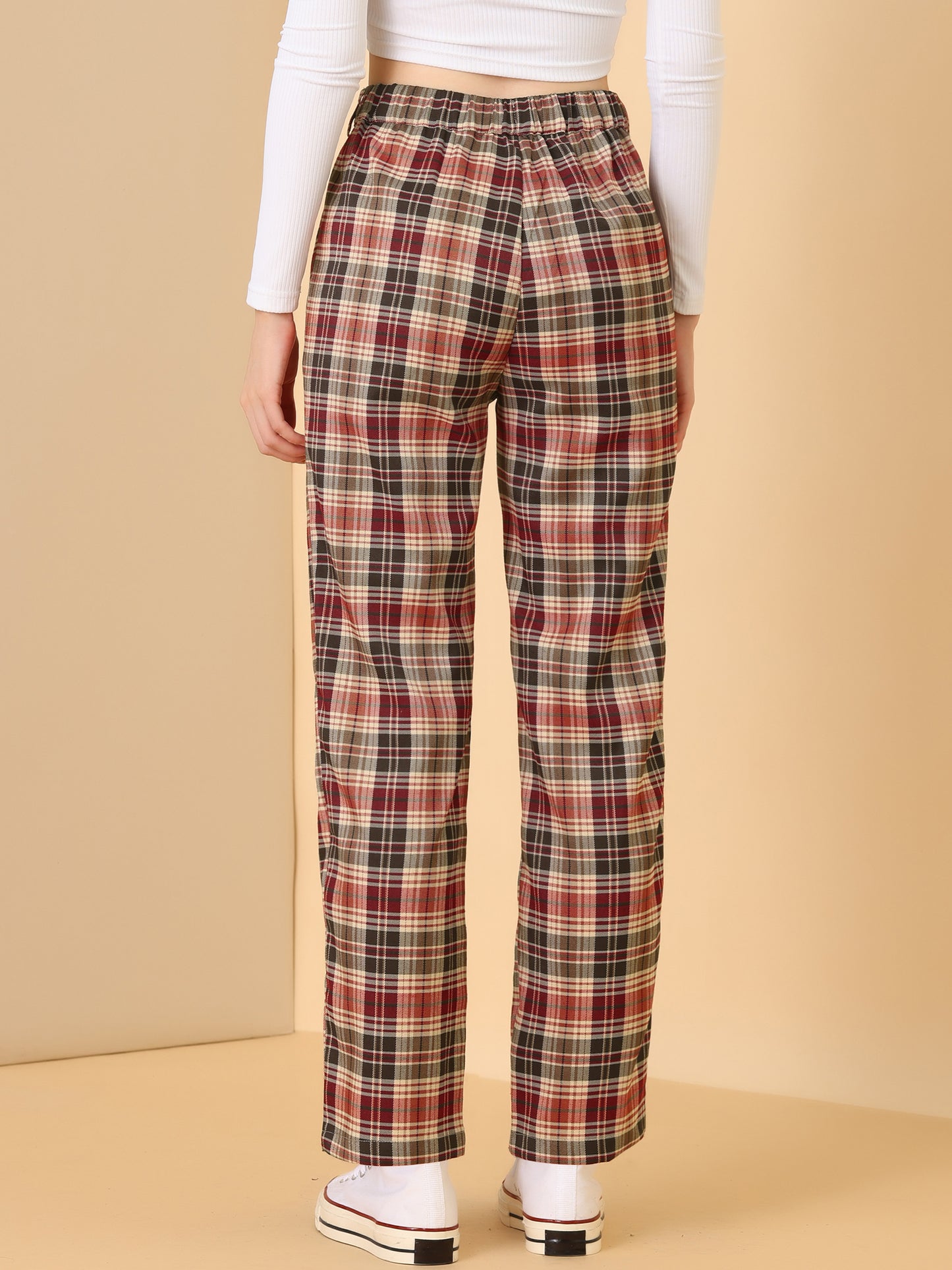 Women's Plaid Pants Elastic Waist Casual Work Office Long Trousers