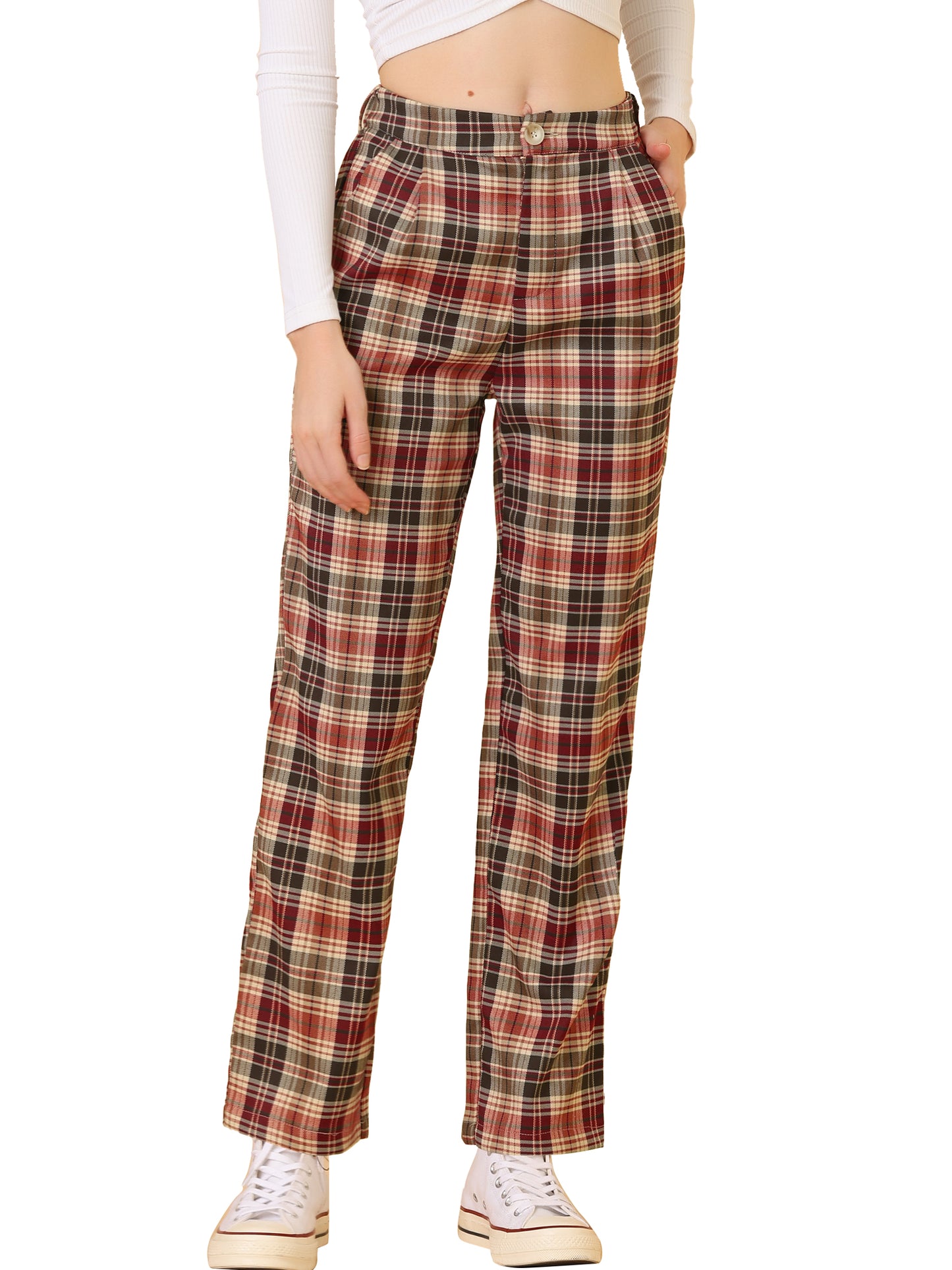 Women's Plaid Pants Elastic Waist Casual Work Office Long Trousers