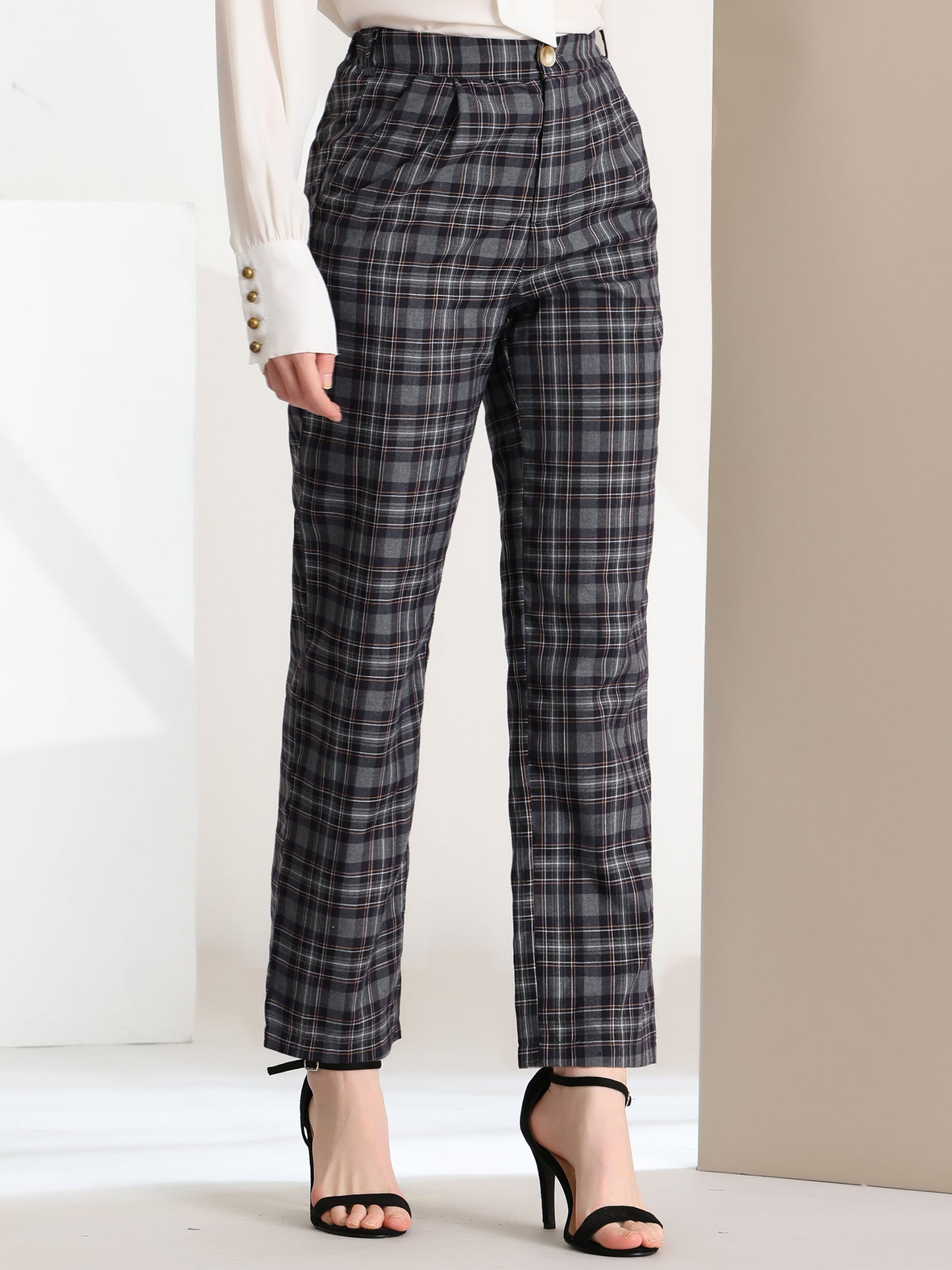 Women's Plaid Pants Elastic Waist Casual Work Office Long Trousers