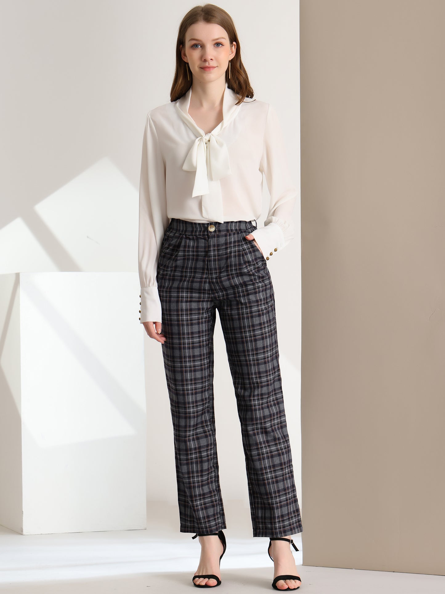 Women's Plaid Pants Elastic Waist Casual Work Office Long Trousers