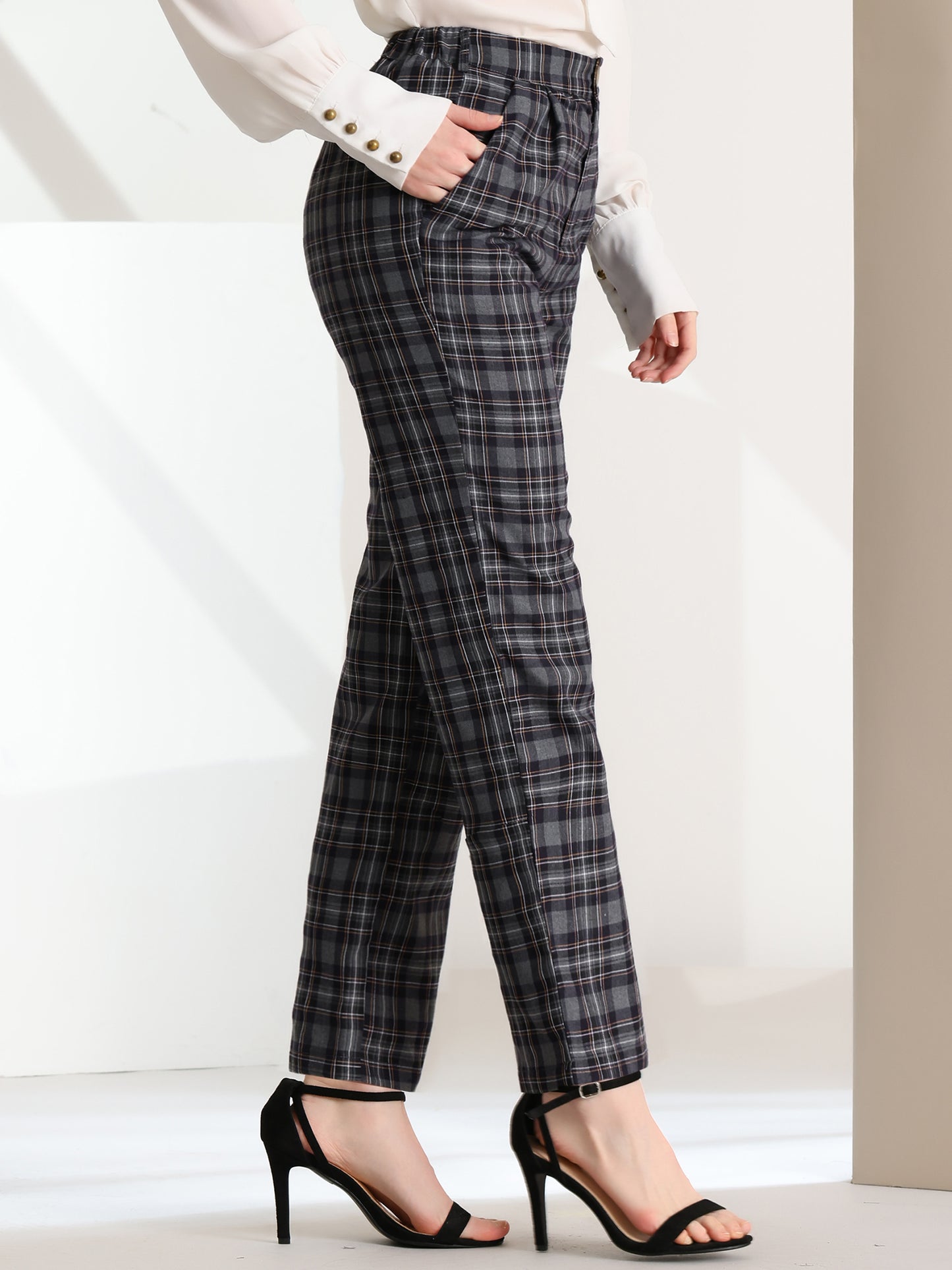 Women's Plaid Pants Elastic Waist Casual Work Office Long Trousers
