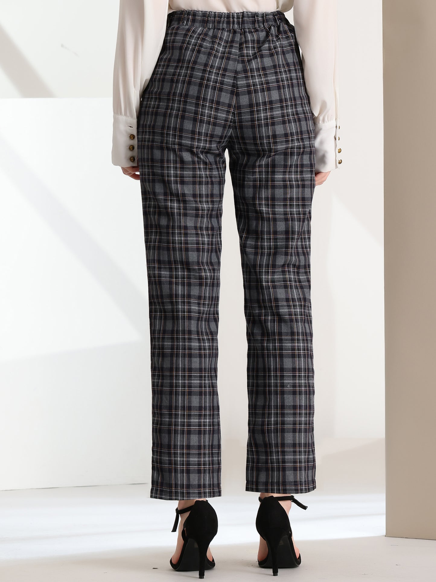 Women's Plaid Pants Elastic Waist Casual Work Office Long Trousers