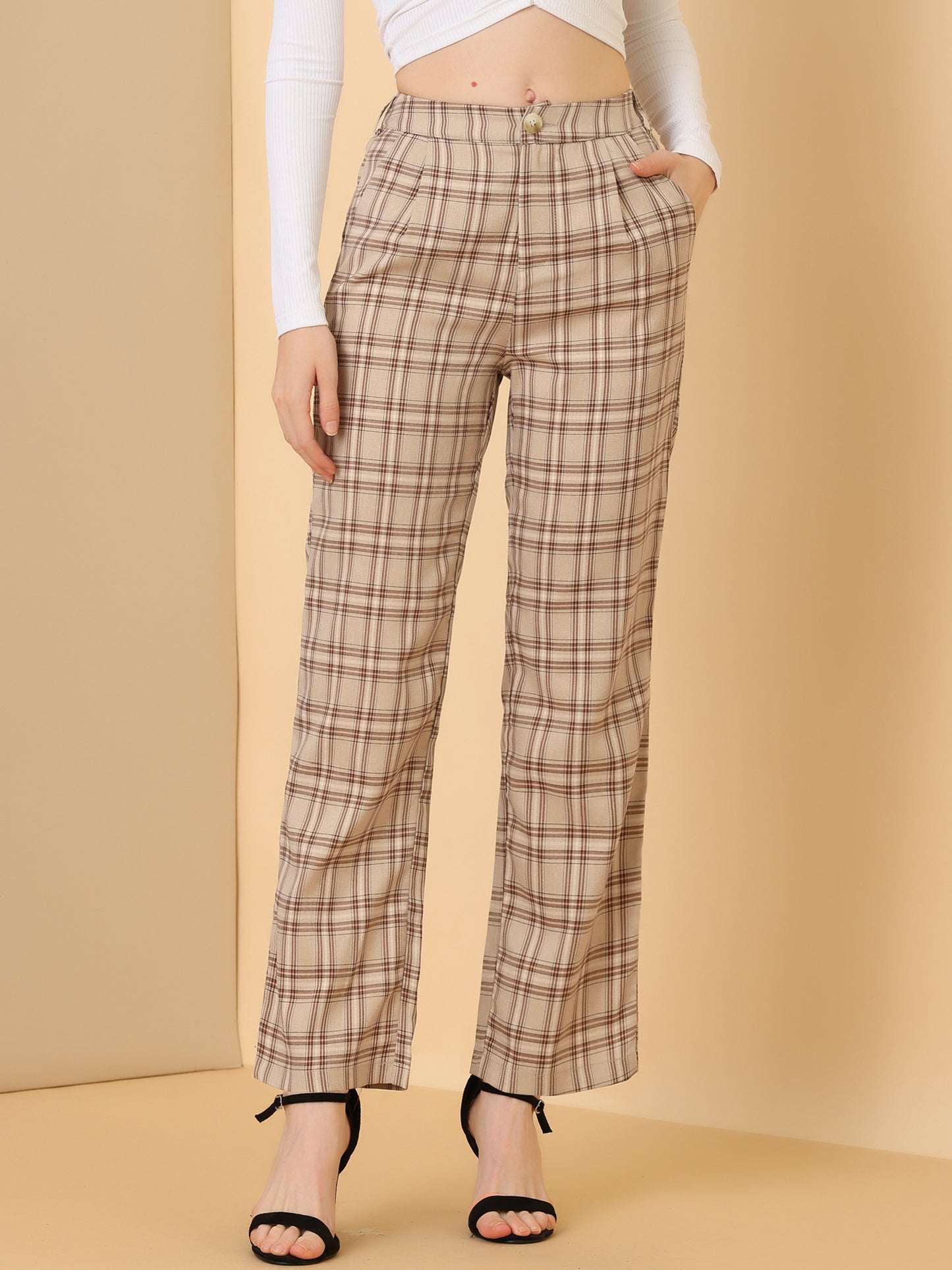 Women's Plaid Pants Elastic Waist Casual Work Office Long Trousers