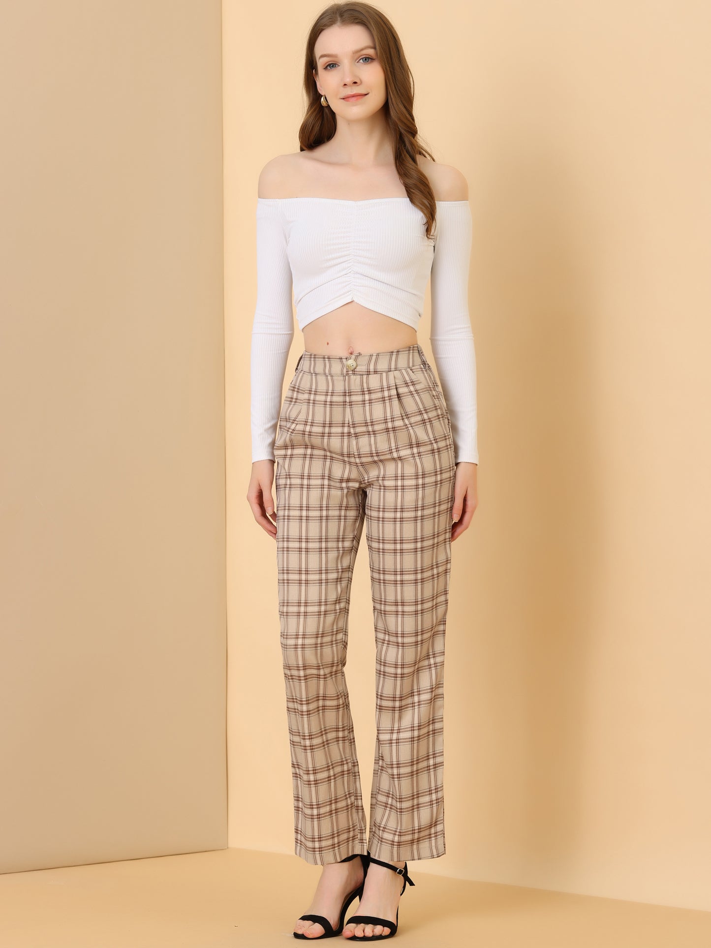 Women's Plaid Pants Elastic Waist Casual Work Office Long Trousers