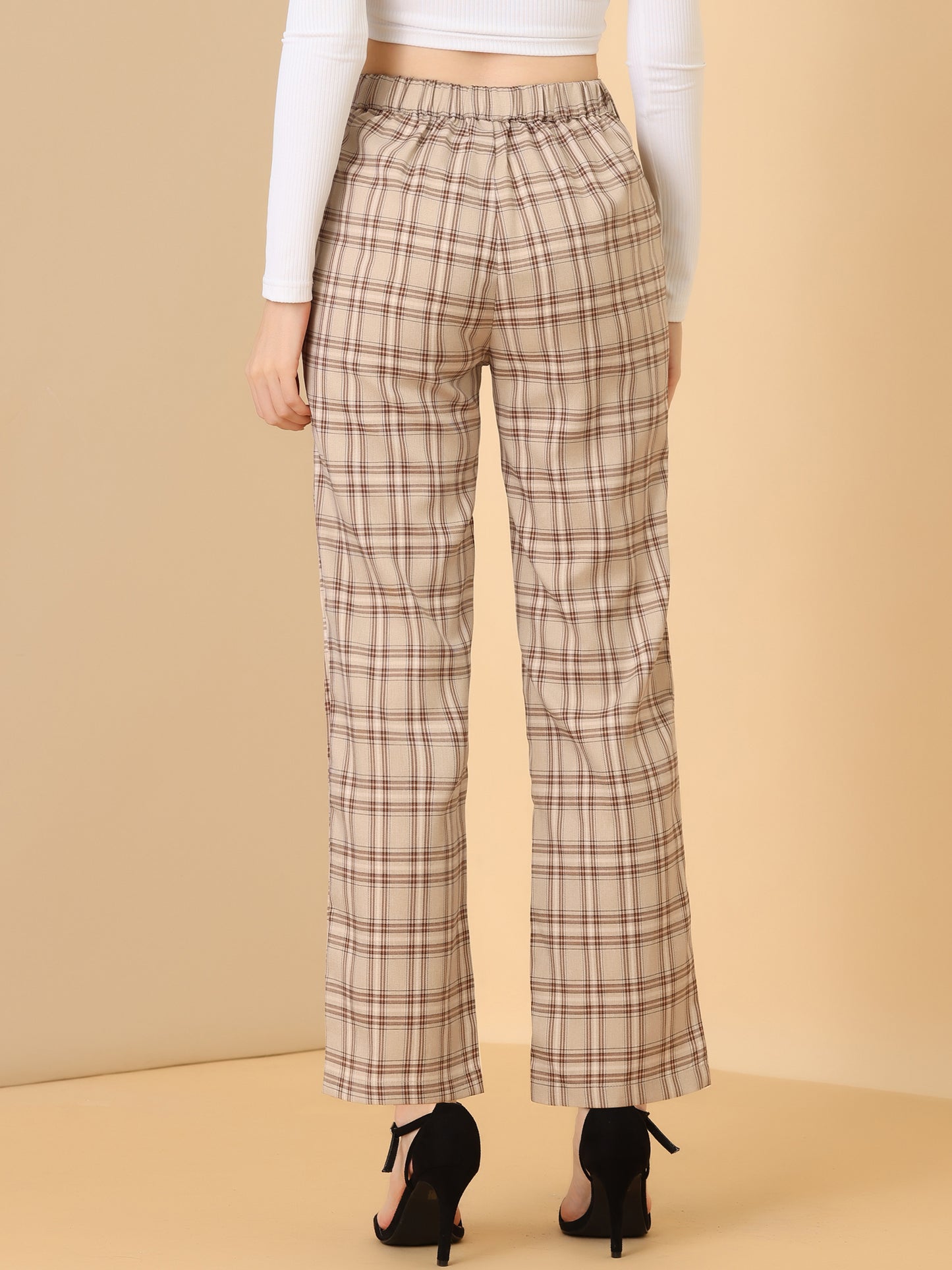 Women's Plaid Pants Elastic Waist Casual Work Office Long Trousers
