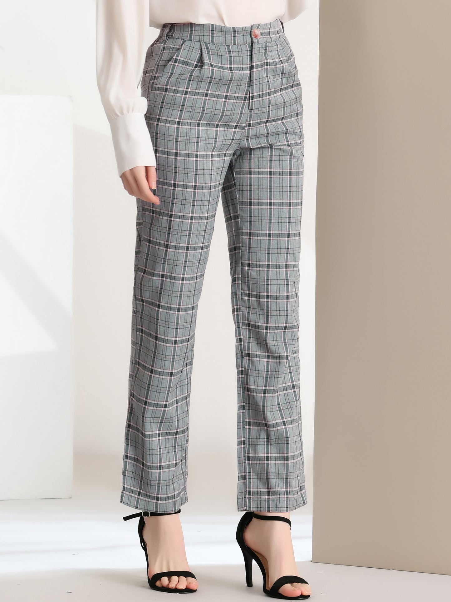 Women's Plaid Pants Elastic Waist Casual Work Office Long Trousers