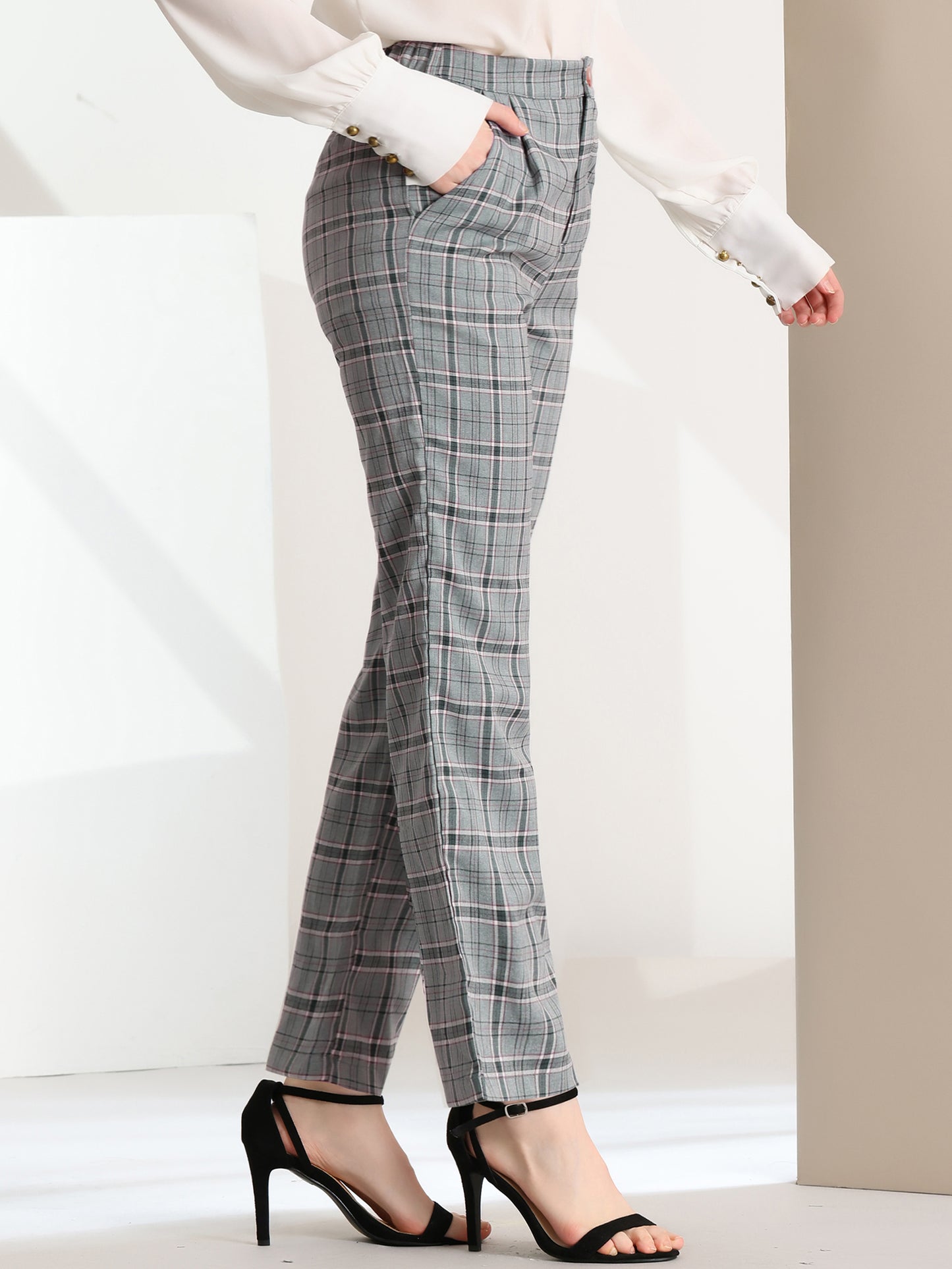 Women's Plaid Pants Elastic Waist Casual Work Office Long Trousers