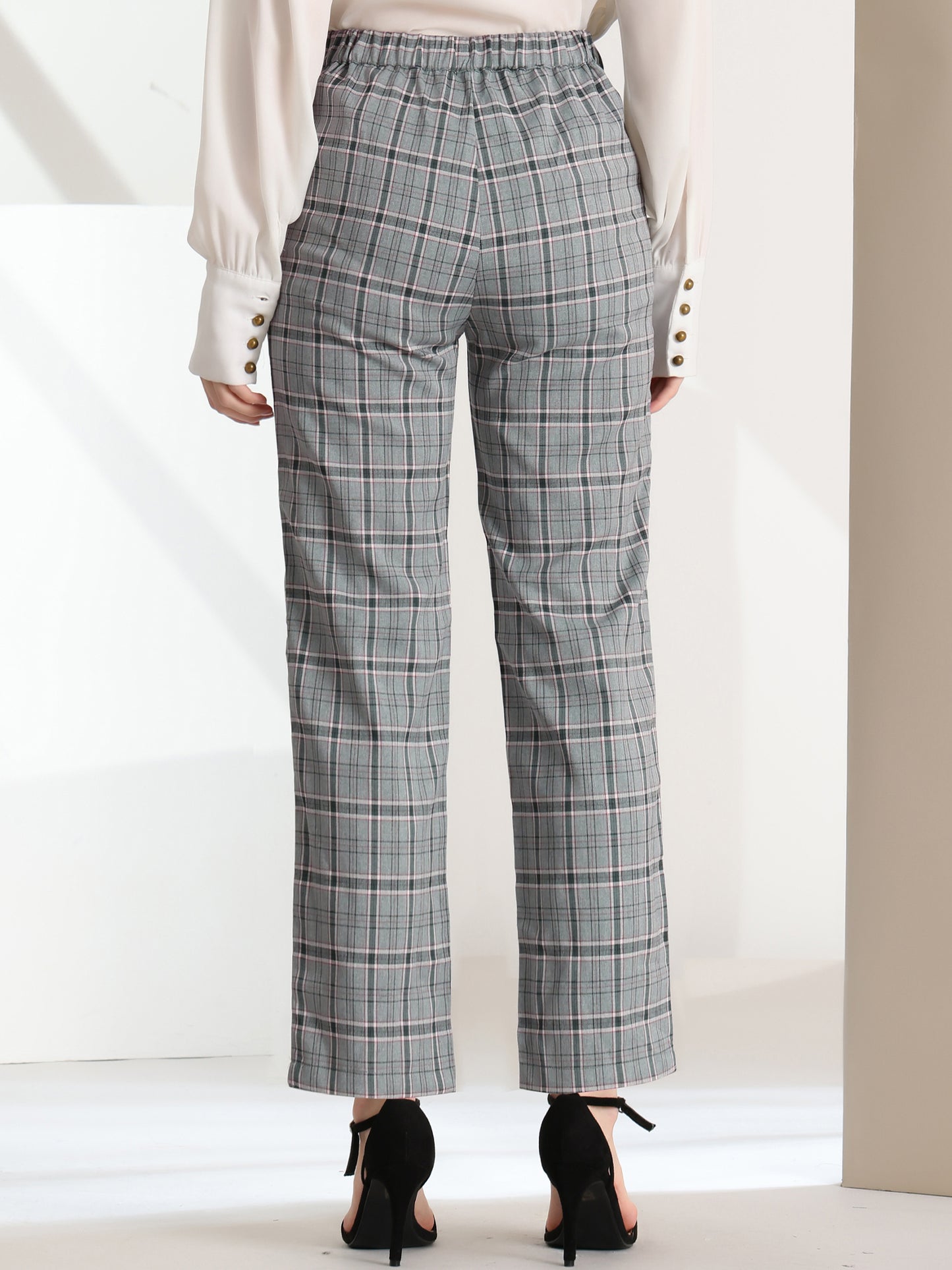 Women's Plaid Pants Elastic Waist Casual Work Office Long Trousers