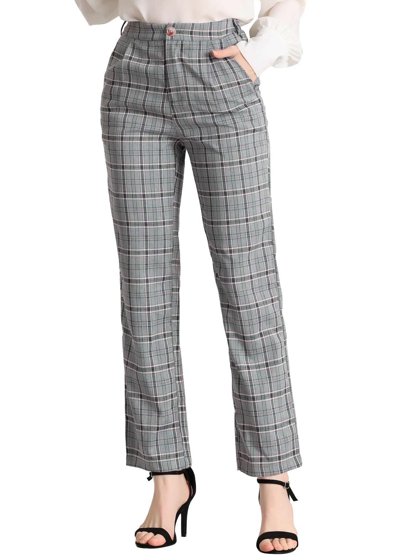 Women's Plaid Pants Elastic Waist Casual Work Office Long Trousers