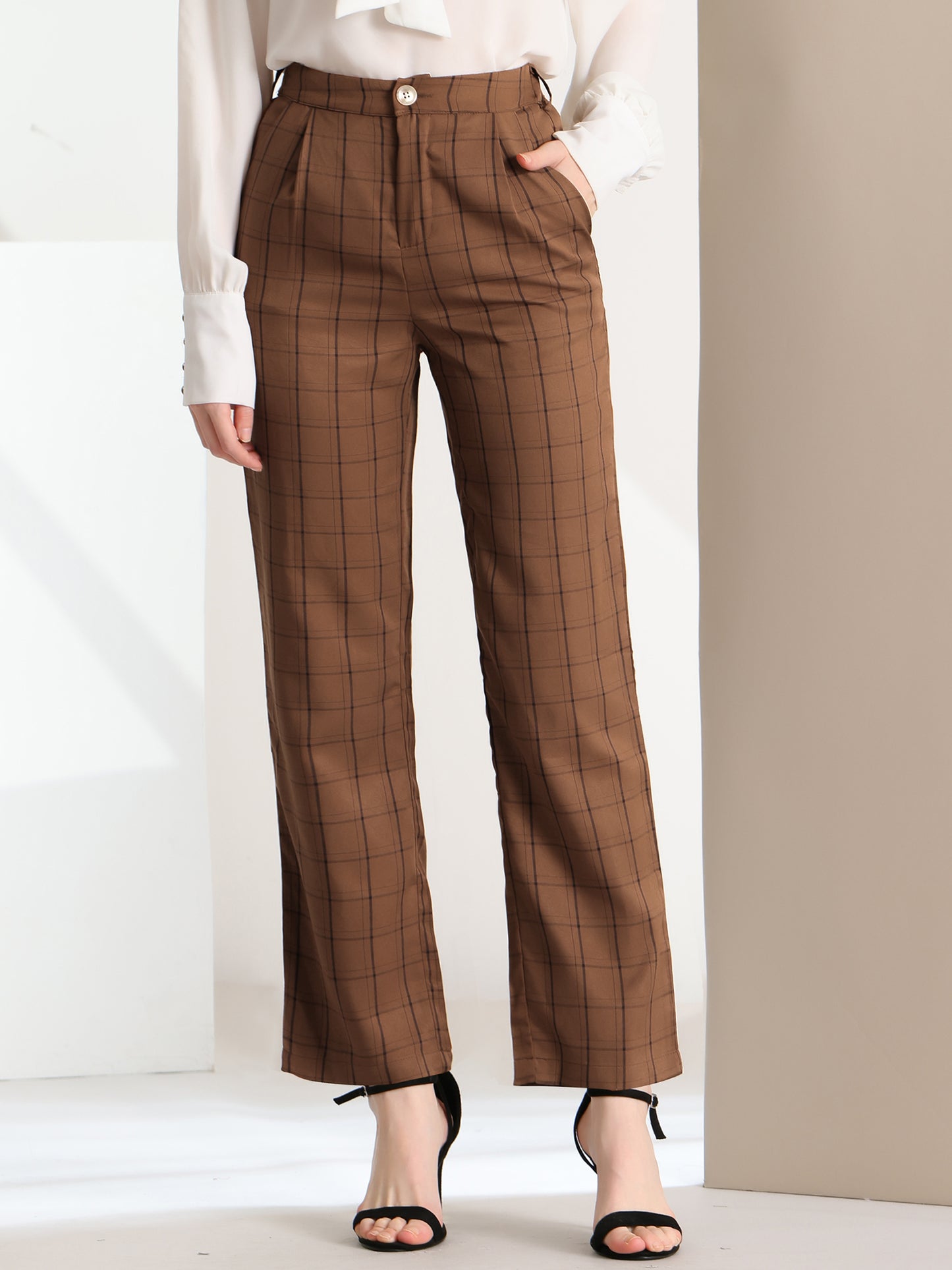 Pantalones a cuadros para mujer, cintura elástica, informales, para trabajo y oficina