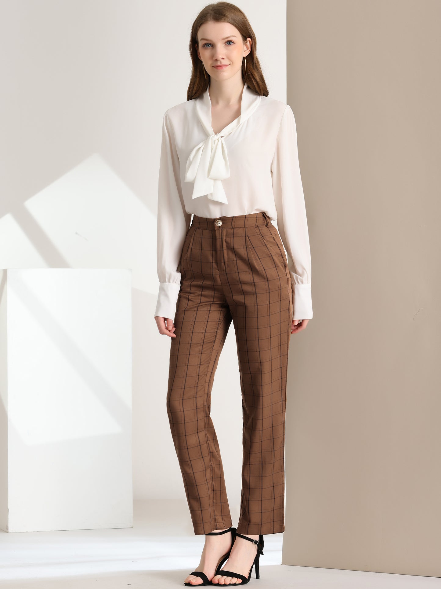Pantalones a cuadros para mujer, cintura elástica, informales, para trabajo y oficina