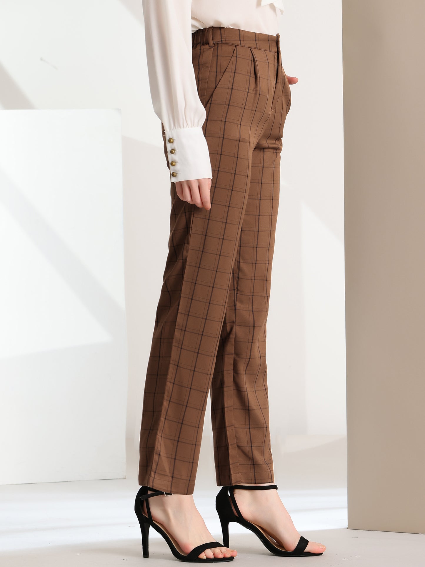 Pantalones a cuadros para mujer, cintura elástica, informales, para trabajo y oficina
