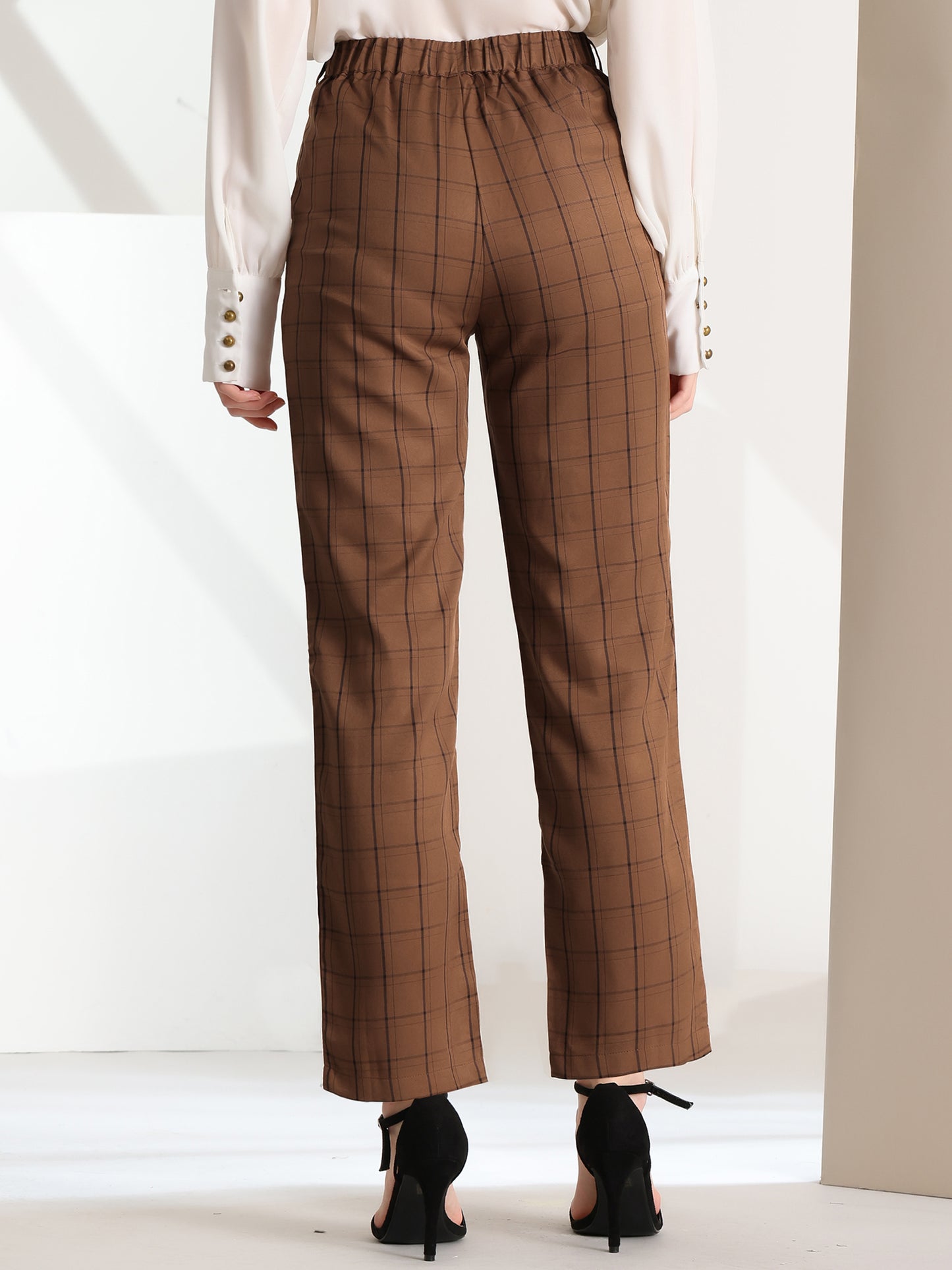Pantalones a cuadros para mujer, cintura elástica, informales, para trabajo y oficina